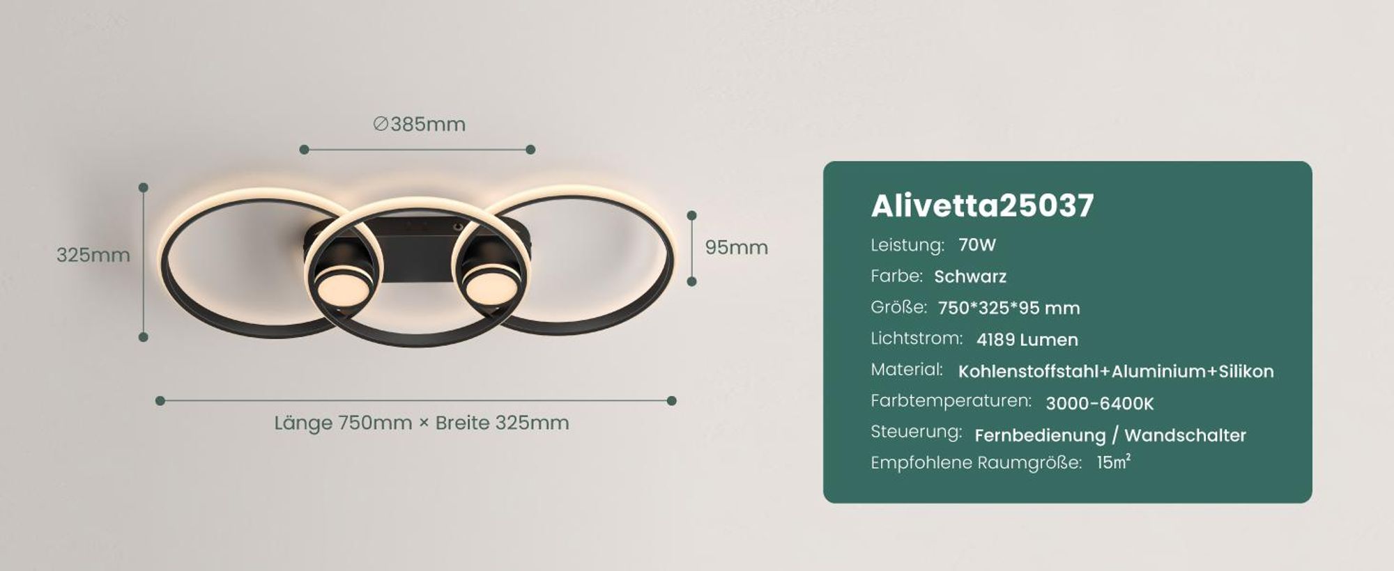 Mai & Mai LED Deckenleuchte Deckenlampe mit Fernbedienung 75cm, Stufenlos dimmbar 3000-6400K, Zimmerlampe 70W Schwarz Alivetta25037