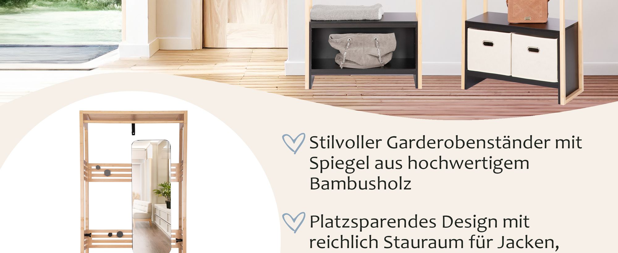 ONVAYA® Garderobenständer mit Spiegel ǀ Grau ǀ Bambus Garderobe mit Kleiderstange, Haken, Aufbewahrungsboxen und Sitzbank