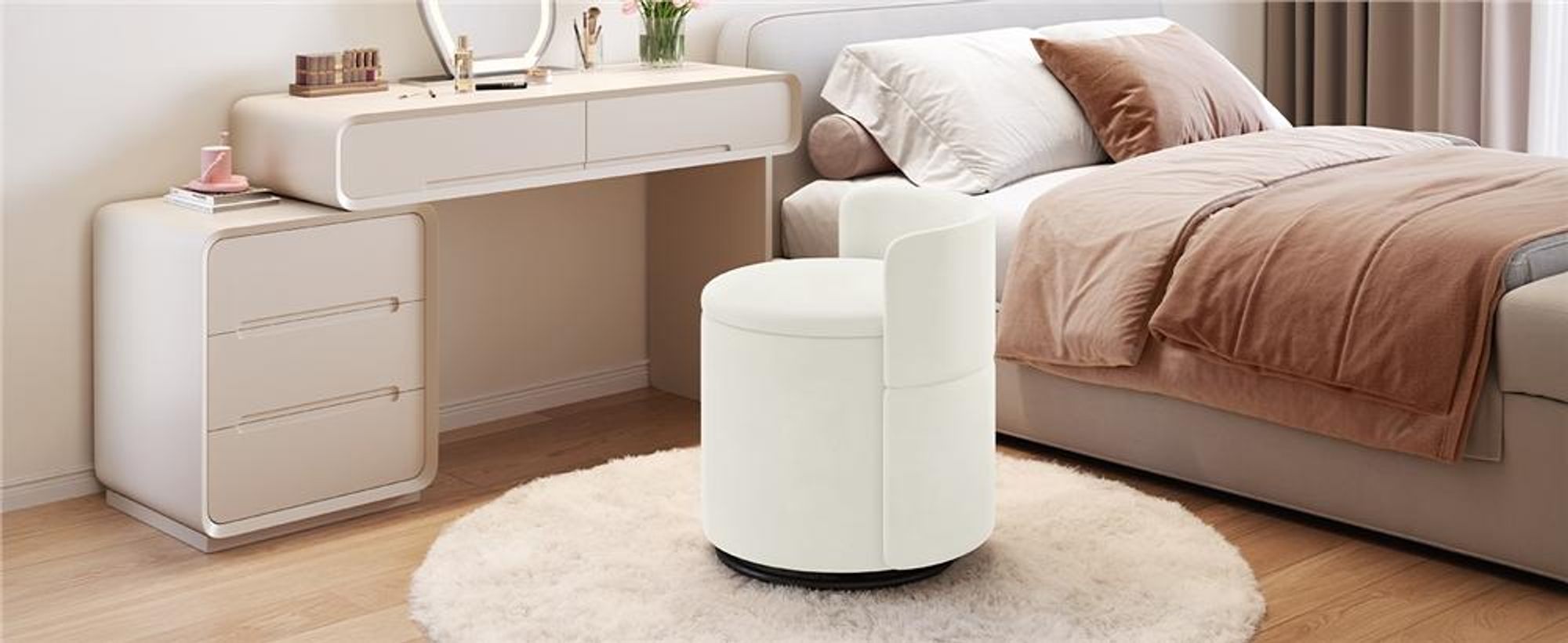 Yaheetech Drehbarer Sitzhocker mit Stauraum 40 L, gepolsterter Schminkhocker, Hocker für Schminktisch, aus Samtbezug, bis 136 kg, Weiß