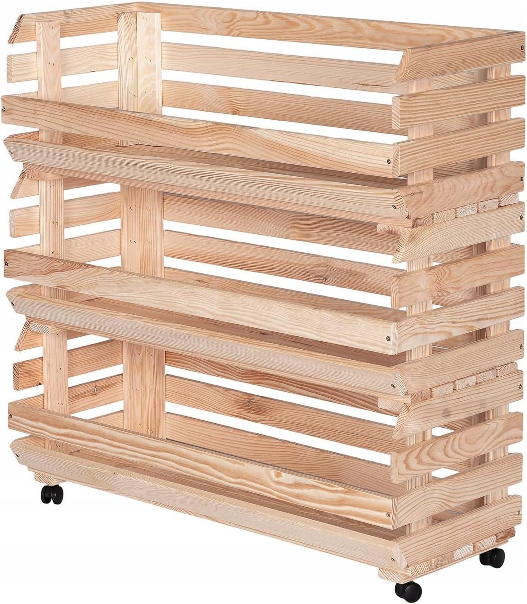 STOLMAK Drewniana Skrzynka na Owoce na Kółkach 77x79x30 cm Regał na Warzywa i Ziemniaki 3 Poziomy