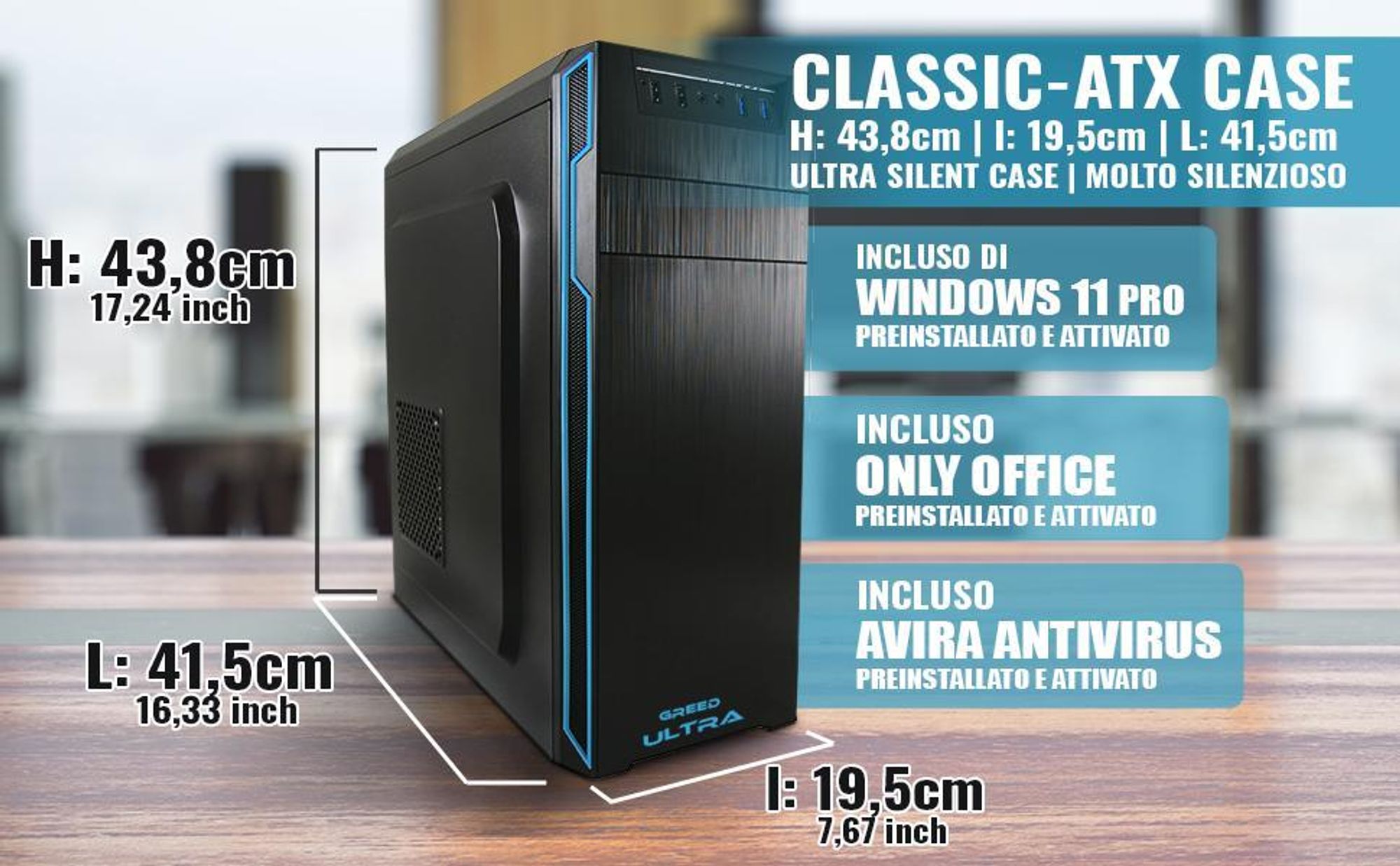 GREED® Ultra 7 Pc - Computer fisso per ufficio - Intel Core i7 a 4,0 GHZ - 16 GB RAM DDR4 - 1TB SSD + 1TB HDD - DVD+RW - WiFi + Windows 11 Pro