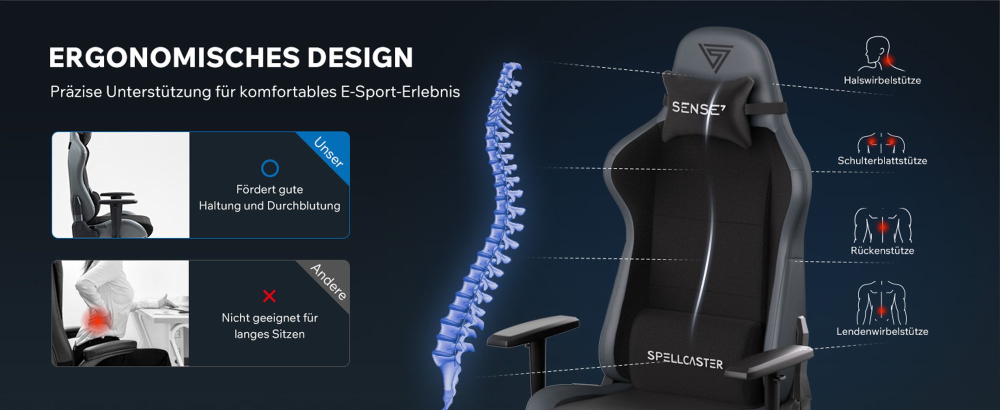 SENSE7 Spellcaster FUKU Gaming Stuhl Alcantara Schwarz - Ergonomischer Bürostuhl PC Schreibtischstuhl Zockerstuhl 150kg Kaltschaum Chefsessel