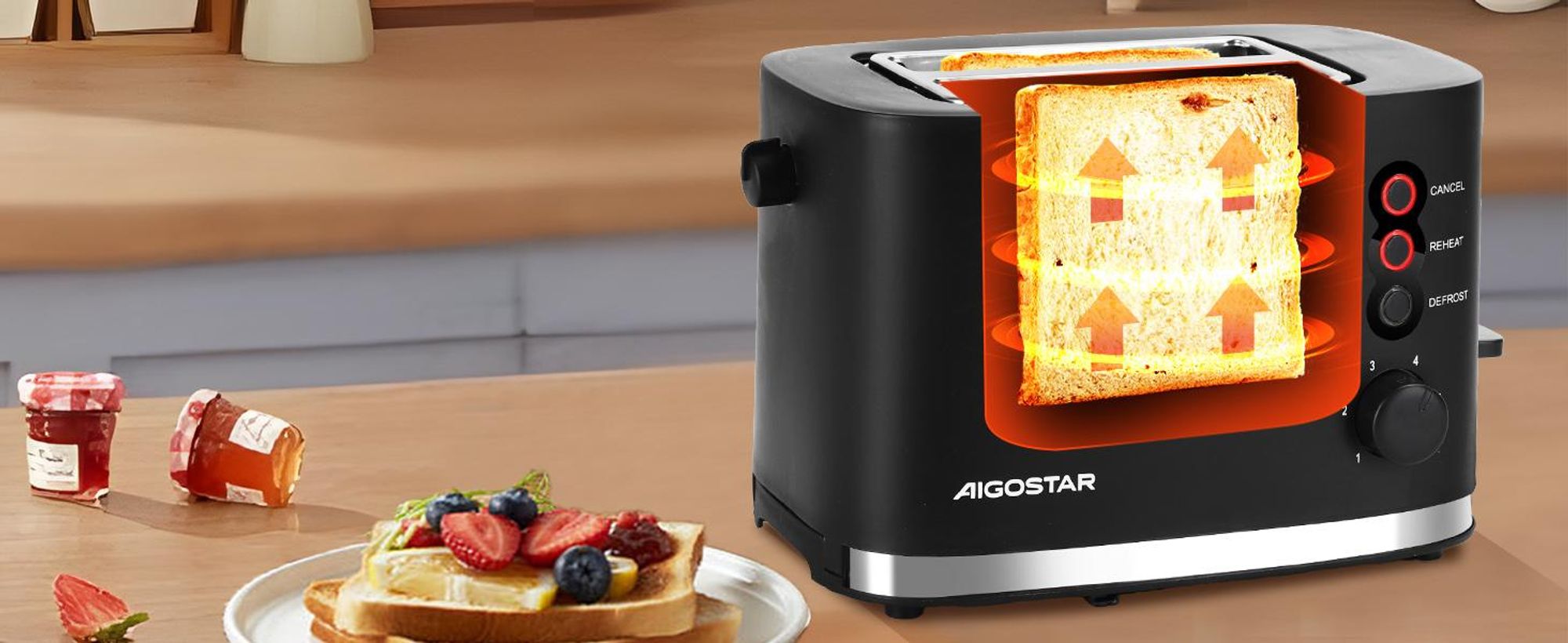 Aigostar - Toaster 2 Scheiben, extra breite Toastschlitze, 6 Bräunungsstufen,800W