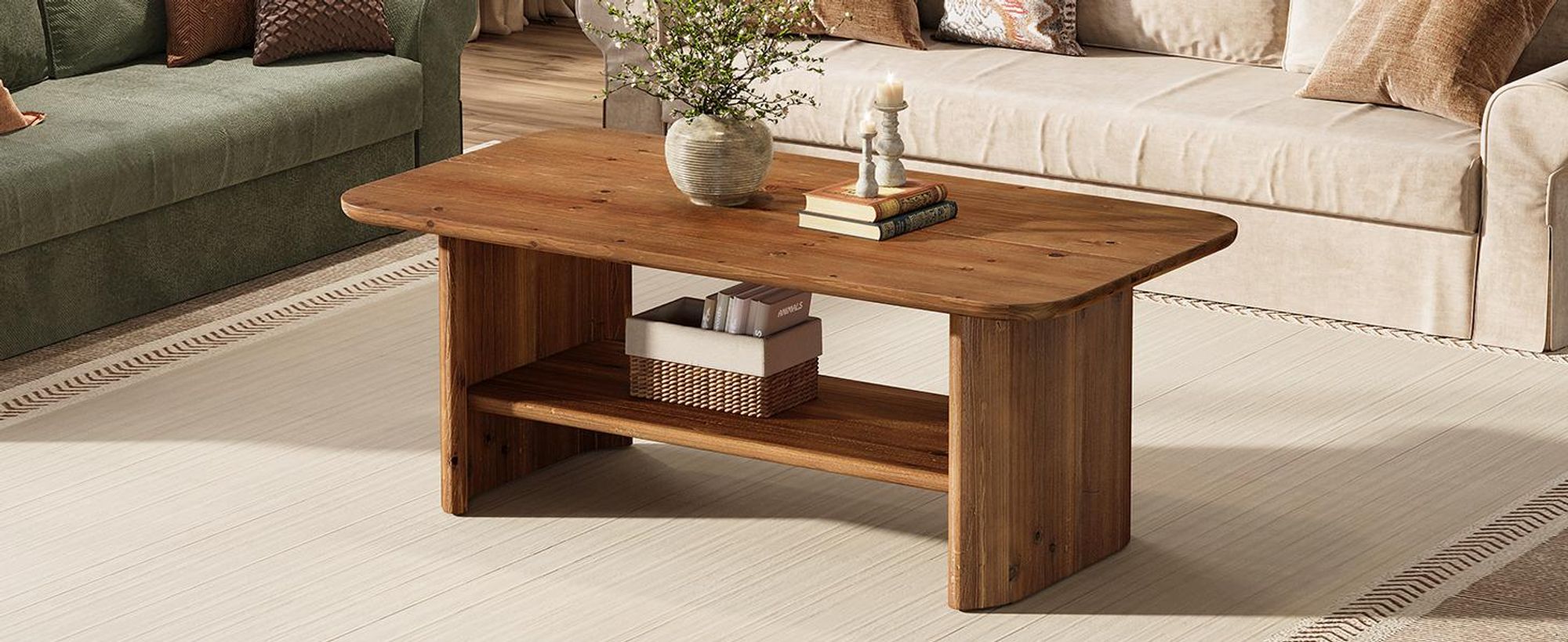 Couchtisch, 120 cm Beistelltisch, Massivholz Wohnzimmertisch, Sofatisch mit Stauraum,  für Zuhause, Wohnung, Büro, braun