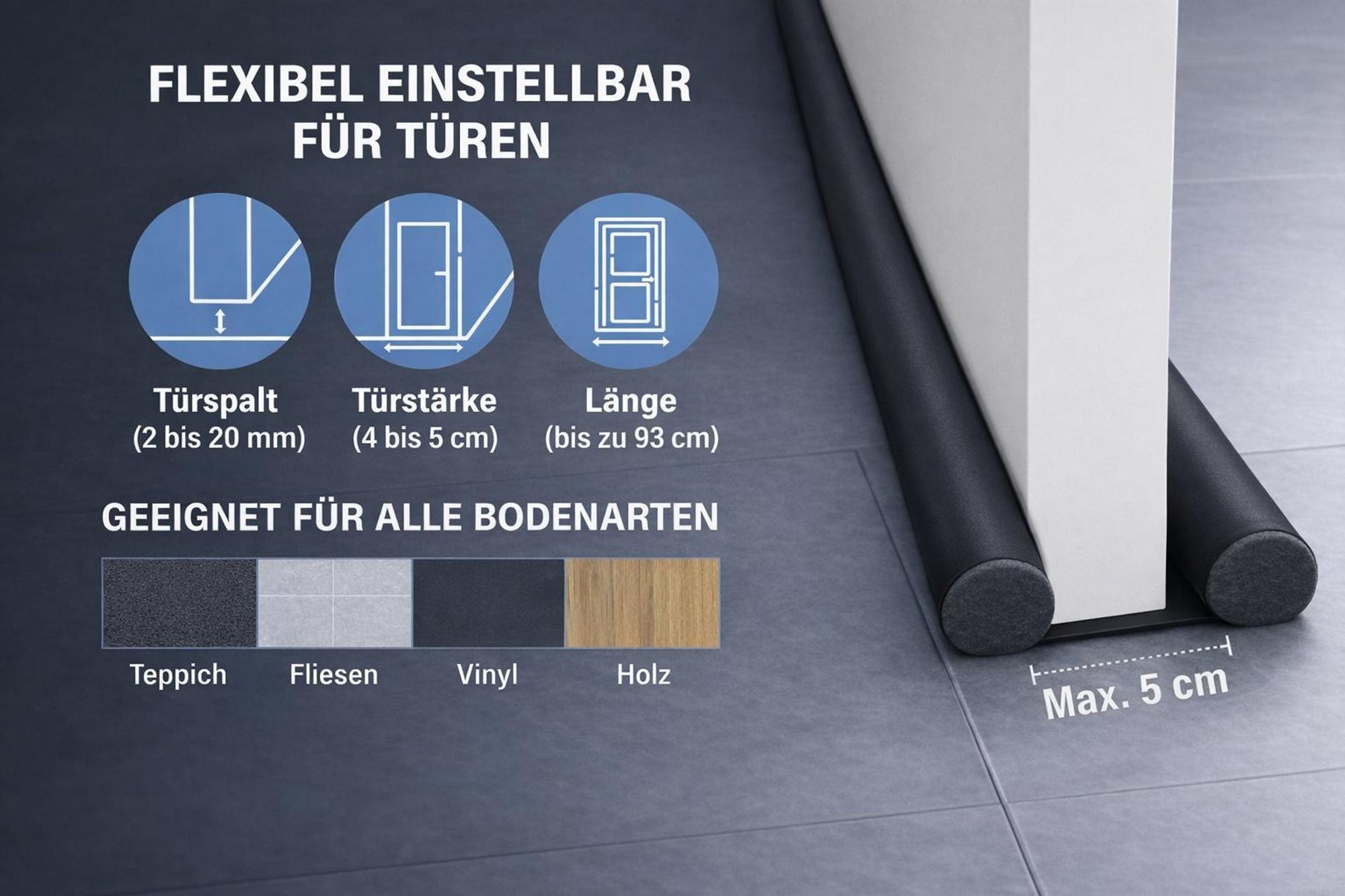 6 Stück Zugluftstopper Türbodendichtung Türdichtung Set Schwarz Windschutz Türstopper Energiesparen Schallschutz Kälteschutz
