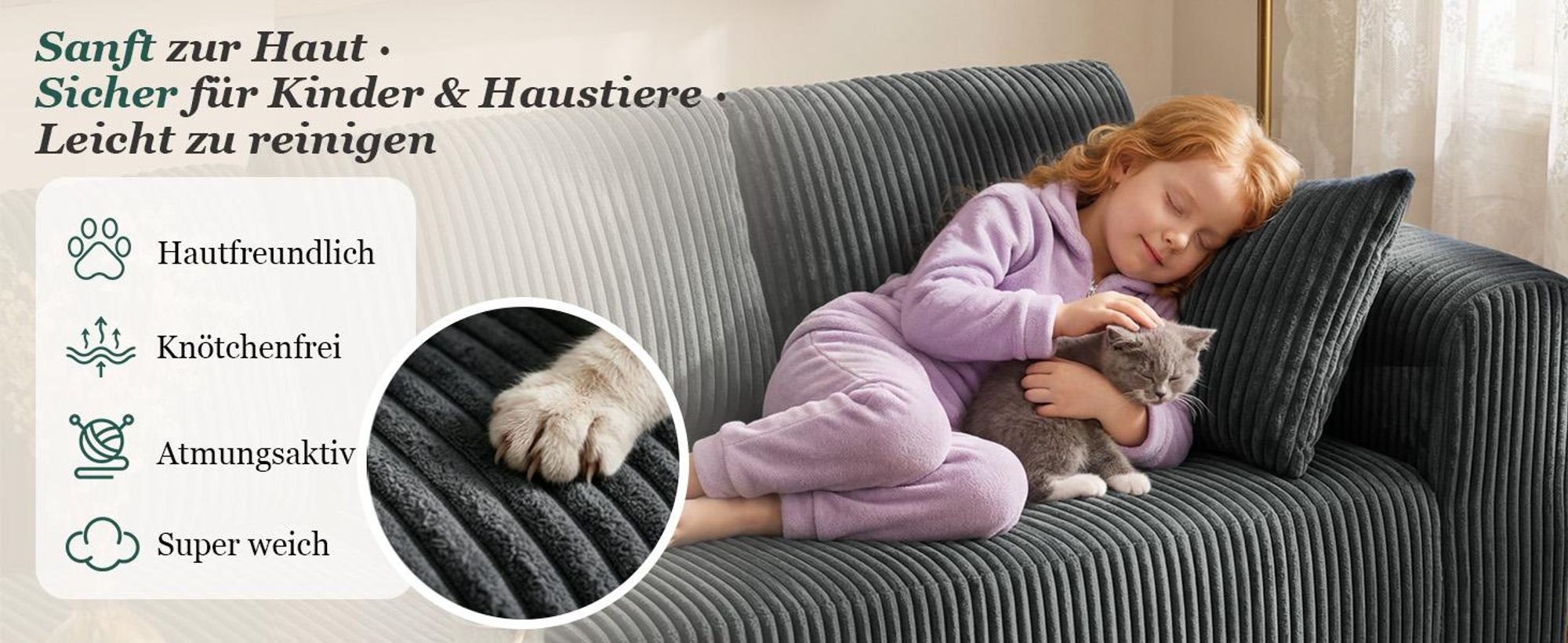 Sofa Ecksofa mit Schlaffunktion, Corduroy Modulares Boneless Couch mit Chaiselongue, L-Form Schlafsofa, Sektionssofas mit Kissen & Seitentaschen 243cm