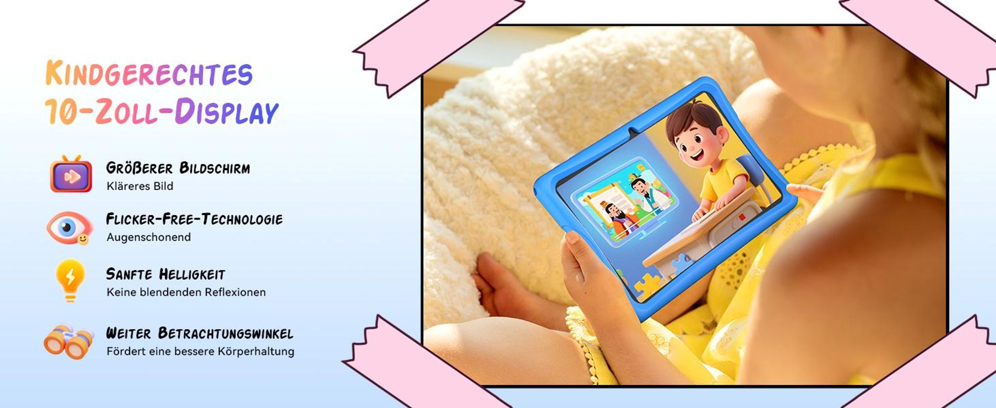 Tabwee K10 Kids 10.1" Blau Tablet, Google Kids Space, 4GB RAM+64GB ROM, Android 15 WiFi Tablet für Kind mit Kindgerechte Hülle und Stift, 5000mAh