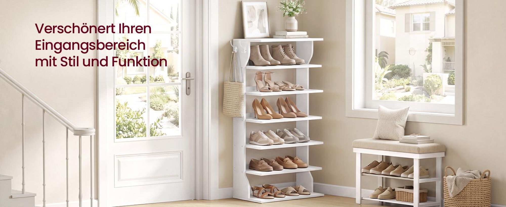 VASAGLE Schuhregal mit 7 Ebenen, Platzsparendes Standregal aus Holz, 52 x 30 x 110,5 cm, Weiß