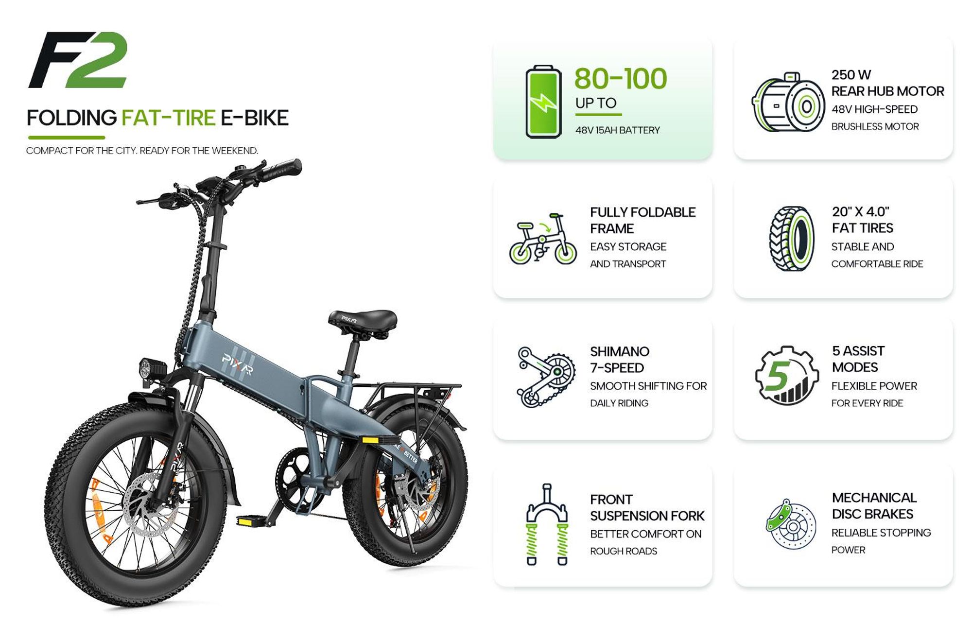20x4.0" Schnee E-Bike 48V 15AH bis zu 100km Fatbike EBike Klappräder Elektrofahrrad 250W Faltbar Shimano 7 Gänge LCD Display Faltbar E-Bikes Grün