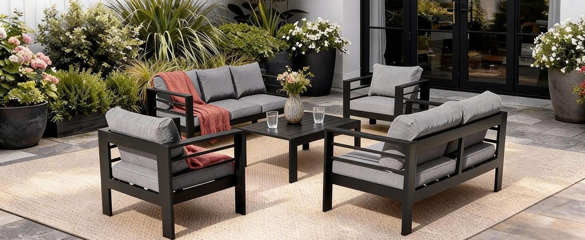 MeXo Gartenlounge-Set Gartenmöbel Set Aluminium Wetterfest 6-7 Personen, mit 12cm Deluxe Relax-Sitzkissen, pflegeleichte Polywood-Tischplatte