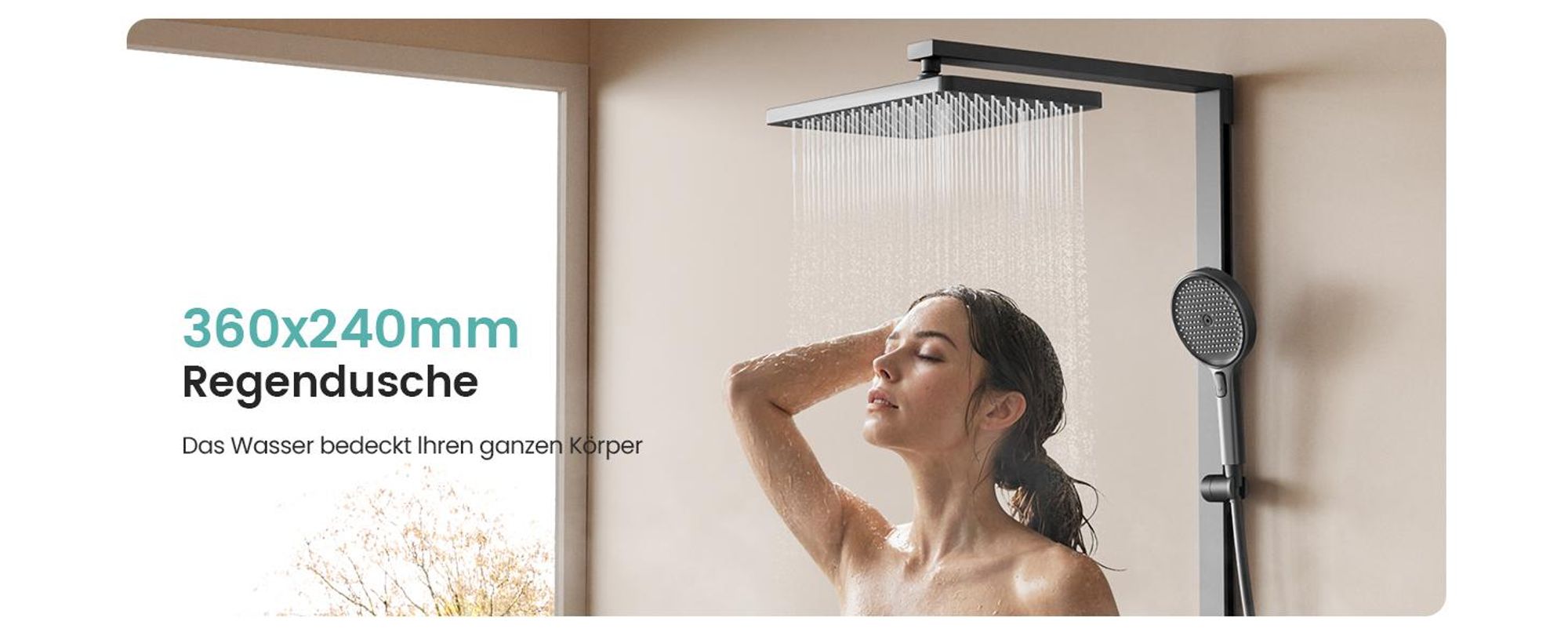 EMKE Duschsystem mit Thermostat,  Duschpaneel, Luxus-Regendusche 36x24cm, 3-in-1 Bad- & Duscharmaturen für Ihr modernes Bad, KTW, Anthrazit Matt