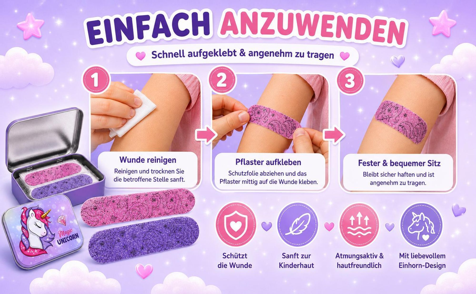 Unicorn Magic Kinderpflaster Lizensiertes Produkt - Metall-Box - 24 Pflaster - Schönes Design Pflaster Aufbewahrungsbox für Kinder - 1 Box
