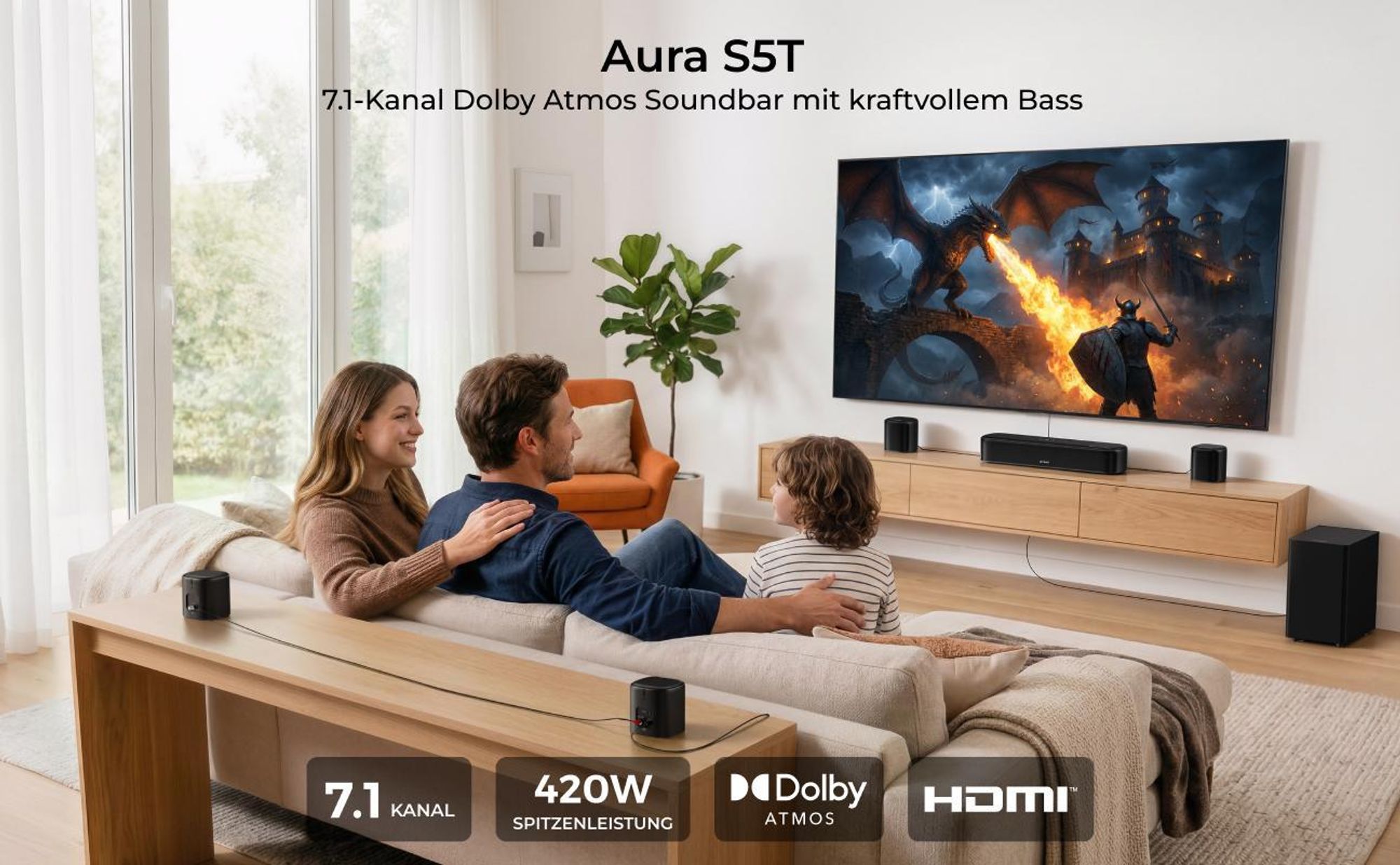 ULTIMEA Aura S5T - 7.1 Soundbar mit Dolby Atmos, 5,25'' Subwoofer, 4 Surround-Lautsprecher, HDMI eARC, App-Steuerung, 420W Spitzenleistung