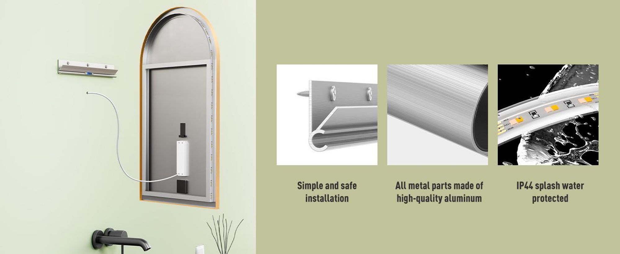 HOKO specchio da bagno ad arco LED 60x100 cm con cornice in metallo, montaggio ALTO+QUARTO, specchio ad arco+interruttore a sfioramento+cambio di luce 2700-6500K, bianco caldo-bianco freddo