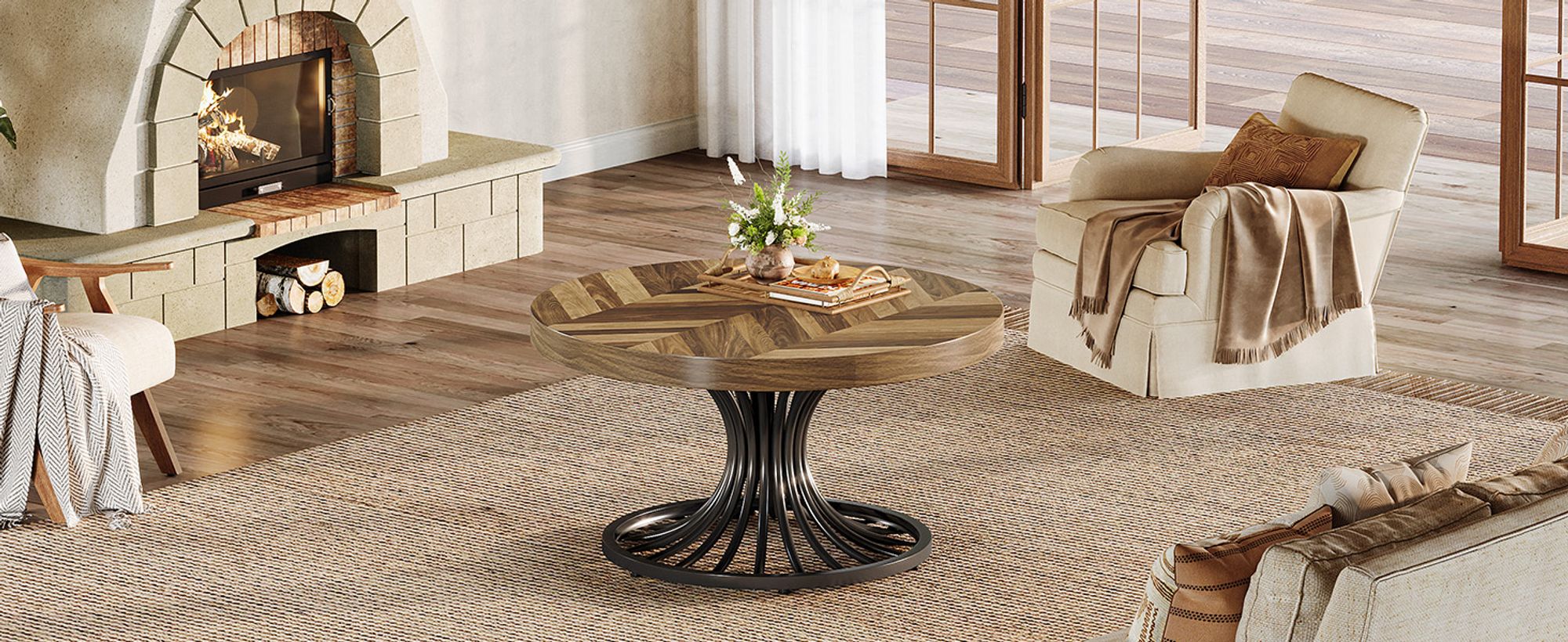 Tribesigns Runder Holz Couchtisch, 79 cm Bauernhof Kreis Couchtisch mit stilvollem Metall Sockel, Industrielle Einzigartige Couchtisch, Braun