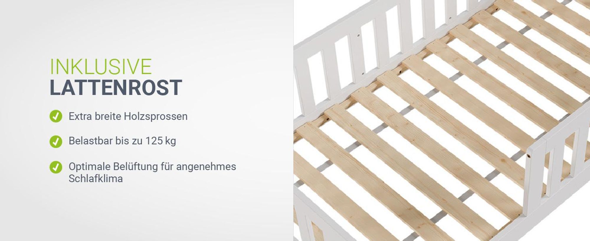 Juskys Kinderbett Naya 80x160 cm mit Rausfallschutz & Lattenrost - Holz Bodenbett Weiß