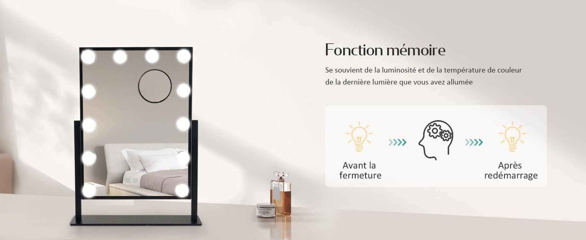 EMKE Hollywood Miroir de courtoisie 85x364x475mm avec miroir grossissant 7x, noir Miroir de courtoisie avec écran tactile intelligent et 3 couleurs de lumière, 12 lampes LED à intensité variable, pivotant à 360° et fonction mémoire