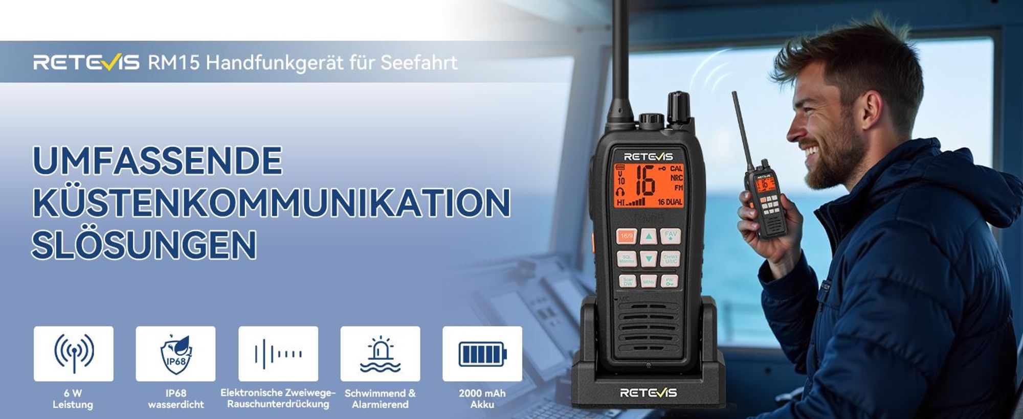 Retevis RM15 Seefunkgerät, Marine Walkie Talkie IP68, 2000 mAh Akku, Schwimmend, Vibration, 88 Kanäle, Handfunkgerät mit Lautsprecher für Bootfahren
