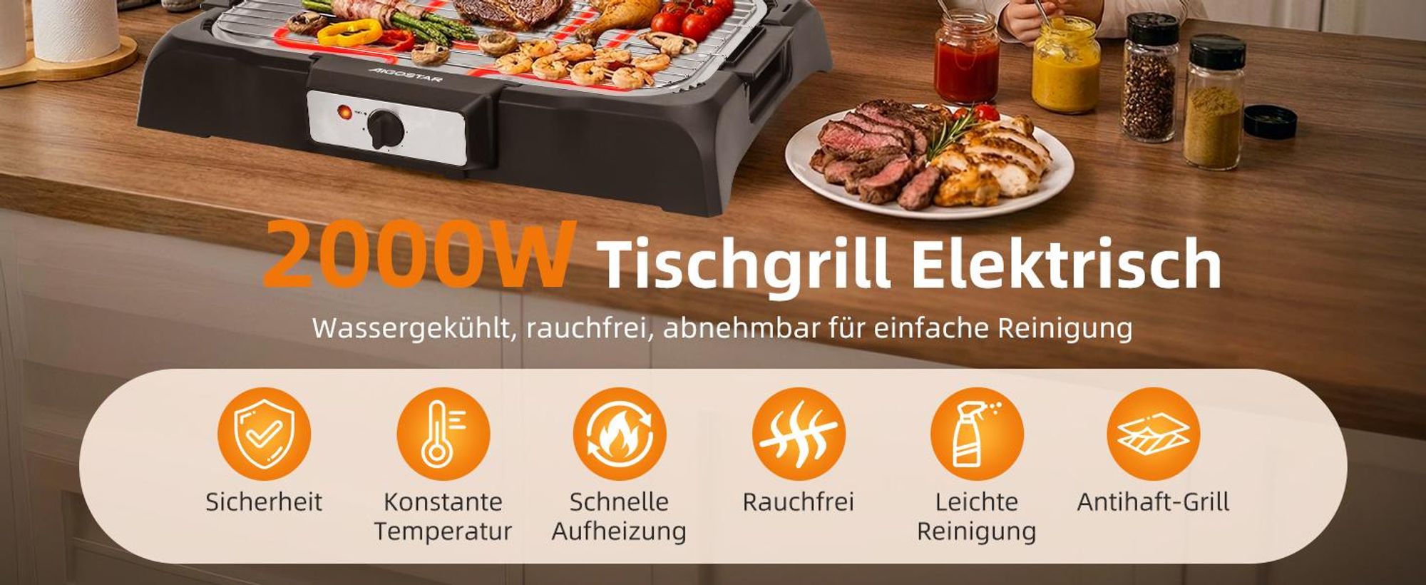 Aigostar - Rauchfreier Tischgrill Barbecue Elektrogrill Elektrischer, Antihaftbeschichtete Grillfläche , Abnehmbarer Fettauffangschale, 2000W