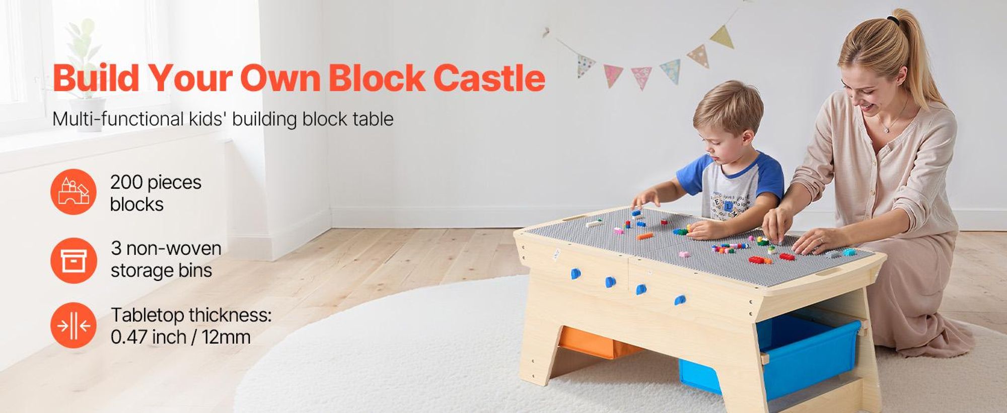 VEVOR Kindertisch 905 x 497 x 393 mm, Aktivitätstisch aus Holz, Mehrzweck-Spieltisch mit 200 Bausteinen und 3 Aufbewahrungsbehältern, Bausteintisch, Geschenk für Kinder ab 3 Jahren, Holzfarbe