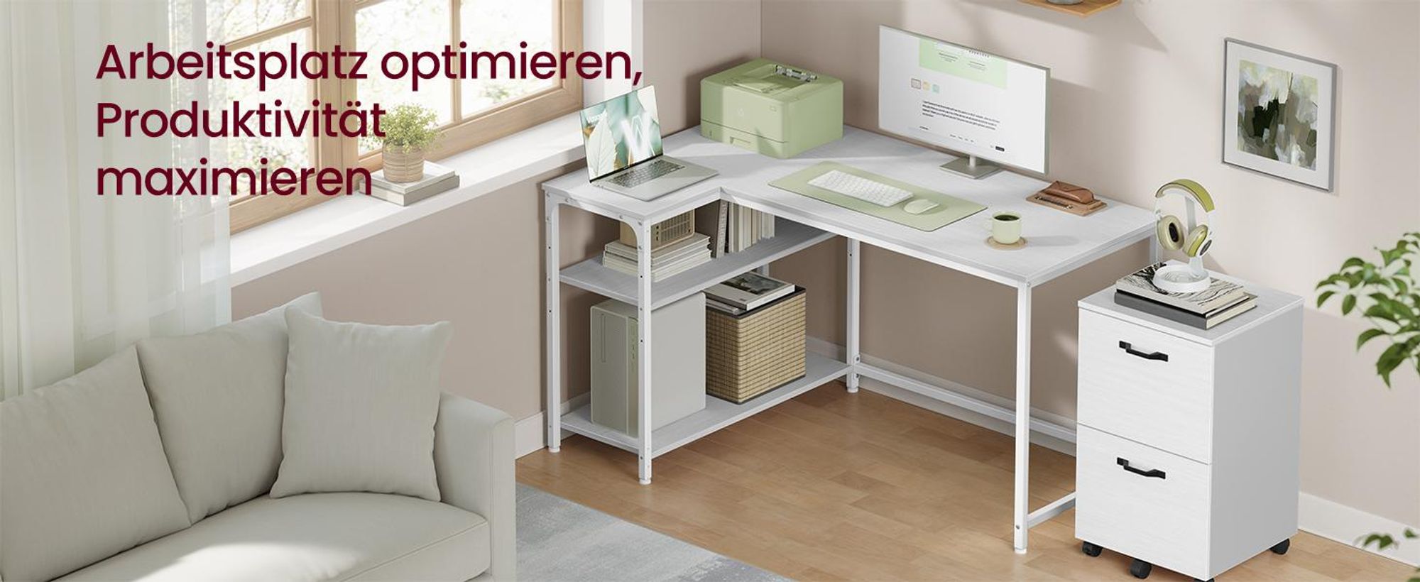 VASAGLE Schreibtisch mit Stauraum, L-Form Computertisch, höhenverstellbare Ablage, Büro, 120 x 80 cm, weiß