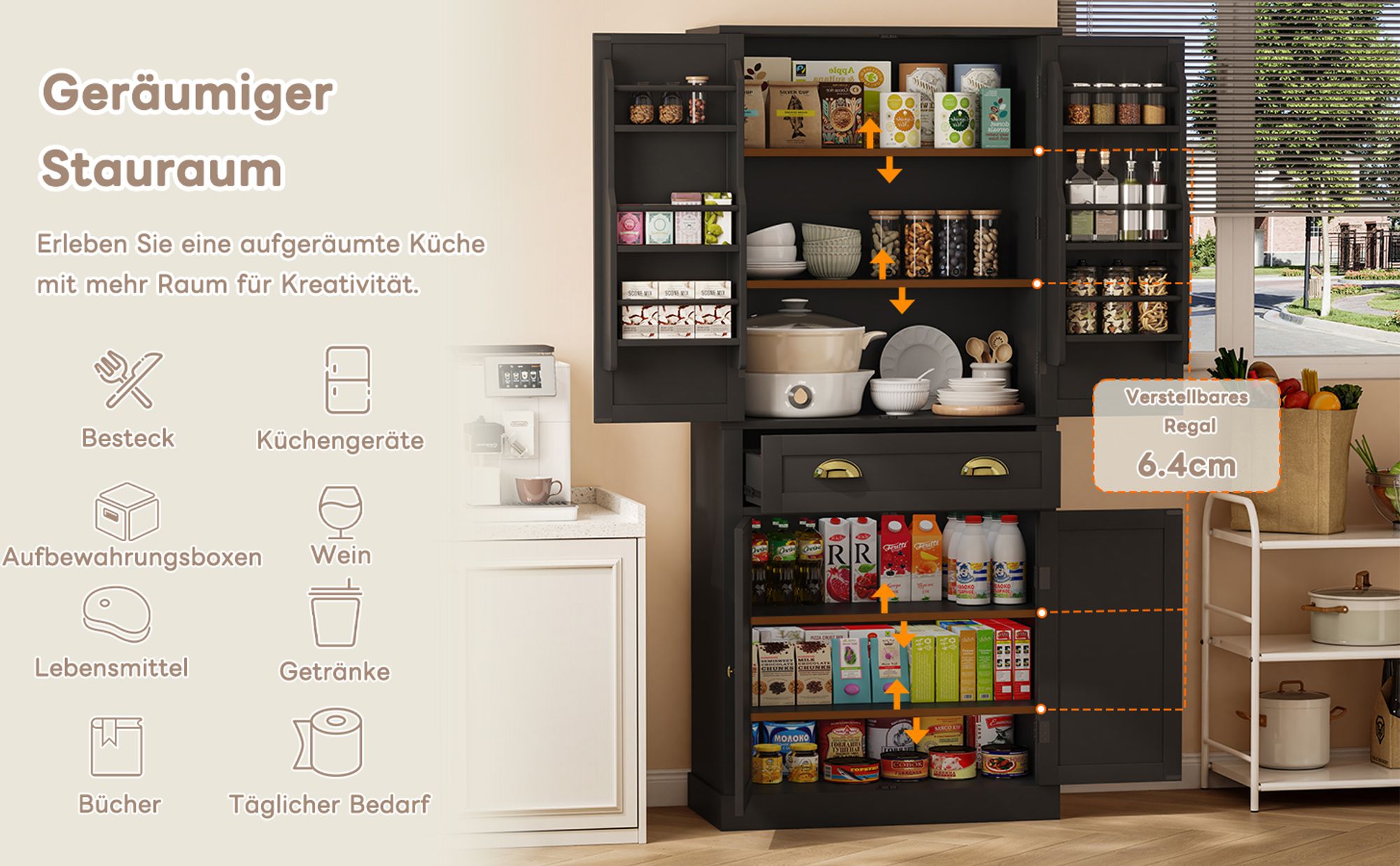 Flieks Hochschrank, Küchenschrank mit 6 Staufächer, Aufbewahrungsschrank für Küche, Esszimmer und Wohnzimmer, Schrank Schwarz