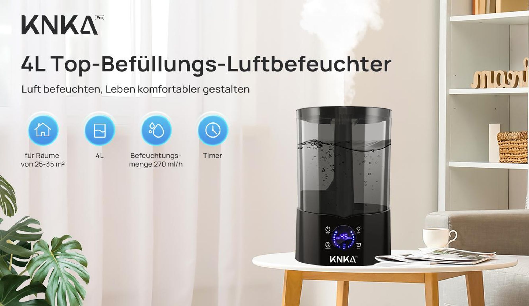 KNKA Luftbefeuchter Schlafzimmer, 4L Top-Fill Humidifier bis zu 30H, BPA-Frei, 30dB Leise Klein Raumluftbefeuchter für Kinderzimmer, Pflanzen, Schwarz