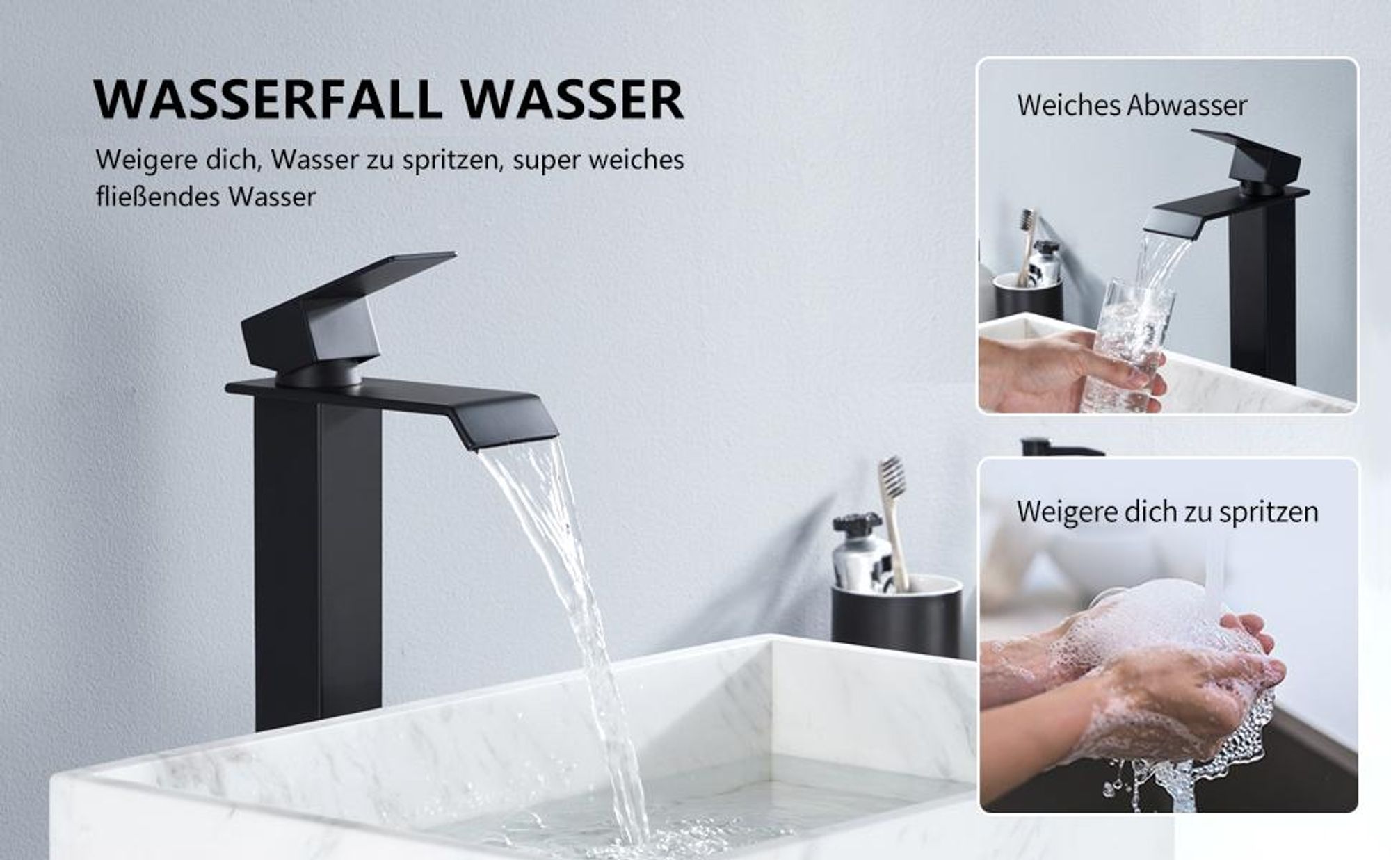 Homelody Wasserhahn Bad Wasserfall Badarmaturen Schwarz Waschbecken Armatur Waschtischarmatur Hoch Einhandmischer Mischbatterie für Badzimmer, Schwarz