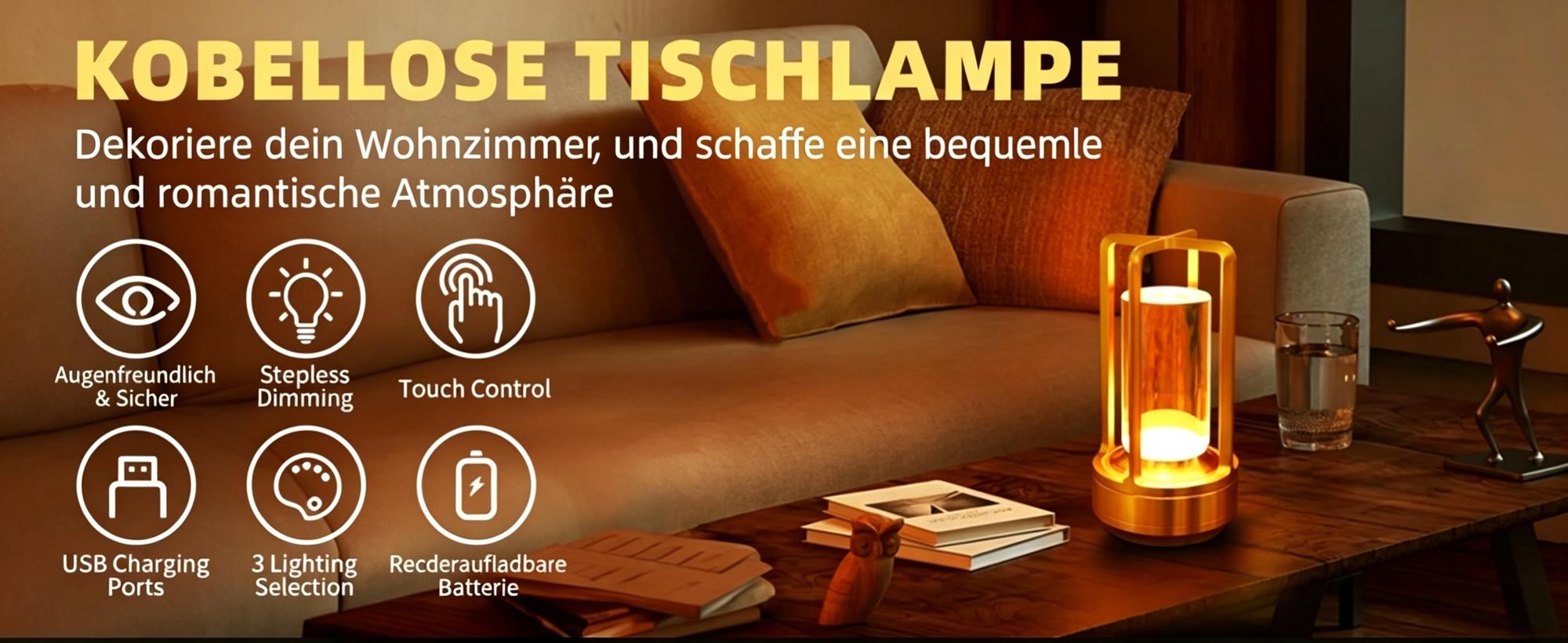 Tragbare Innen-/Außentischlampe aus Metall, kabellose wiederaufladbare LED-Lampe, 3 Farben stufenlos dimmbar, Beleuchtung für Restaurant/Schlafzimmer