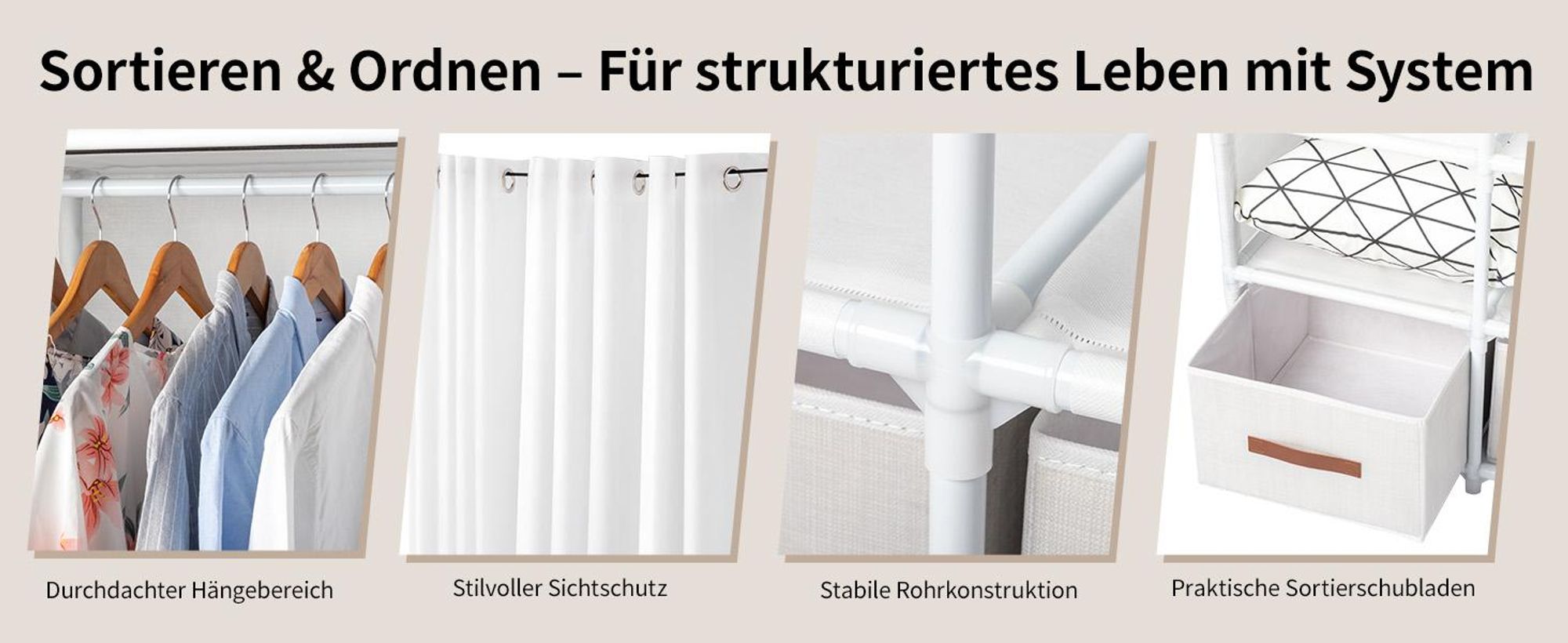 FCH Kleiderschrank, Stoffschrank mit Kleiderstange, Aufbewahrungsbox, Vorhang, 144 x 45 x 166.5 cm, Weiß