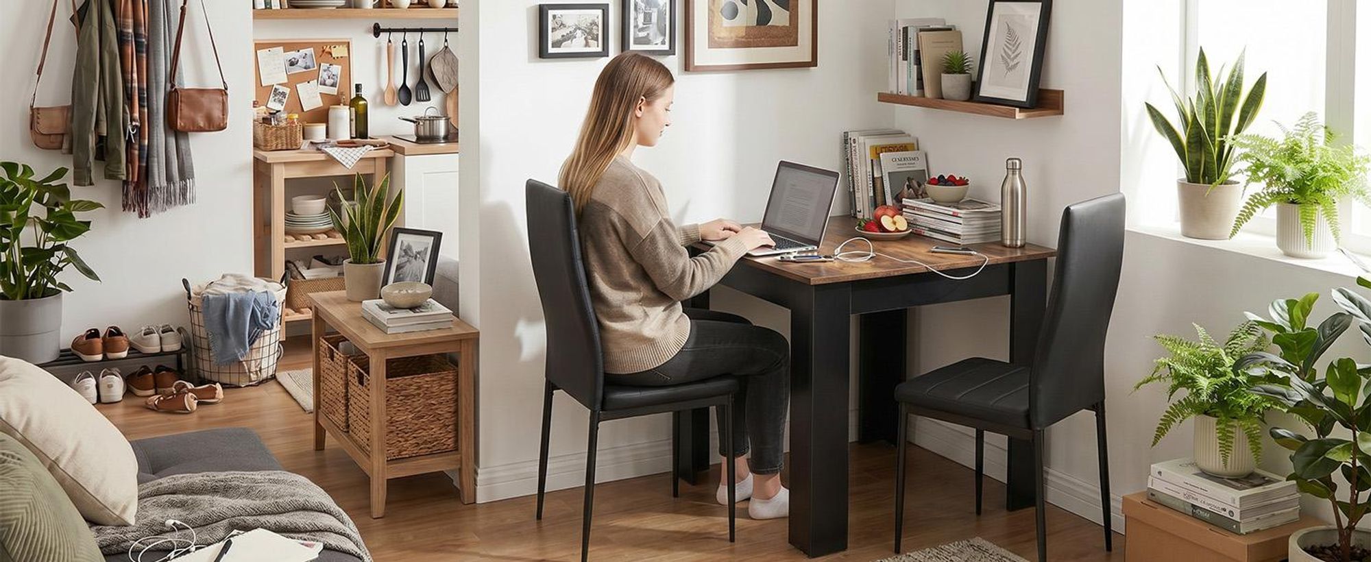 Mondeer Quadratischer Esstisch 80x80 cm, Platzsparender Küchentisch für 2-4 Personen, Modernes Design in Holzoptik & Schwarz, Stabile L-förmige Beine