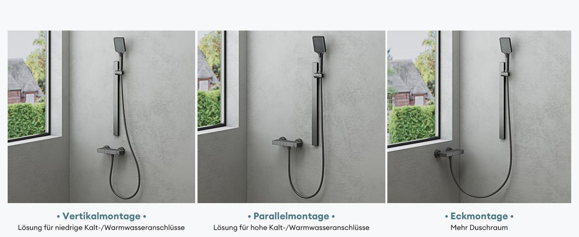 Mai & Mai Duschsystem mit Regendusche Duschkopf 3 Strahlarten höhenverstellbar Duschbrause mit Unterauslauf aus Aluminium Grau  Arvexa-02