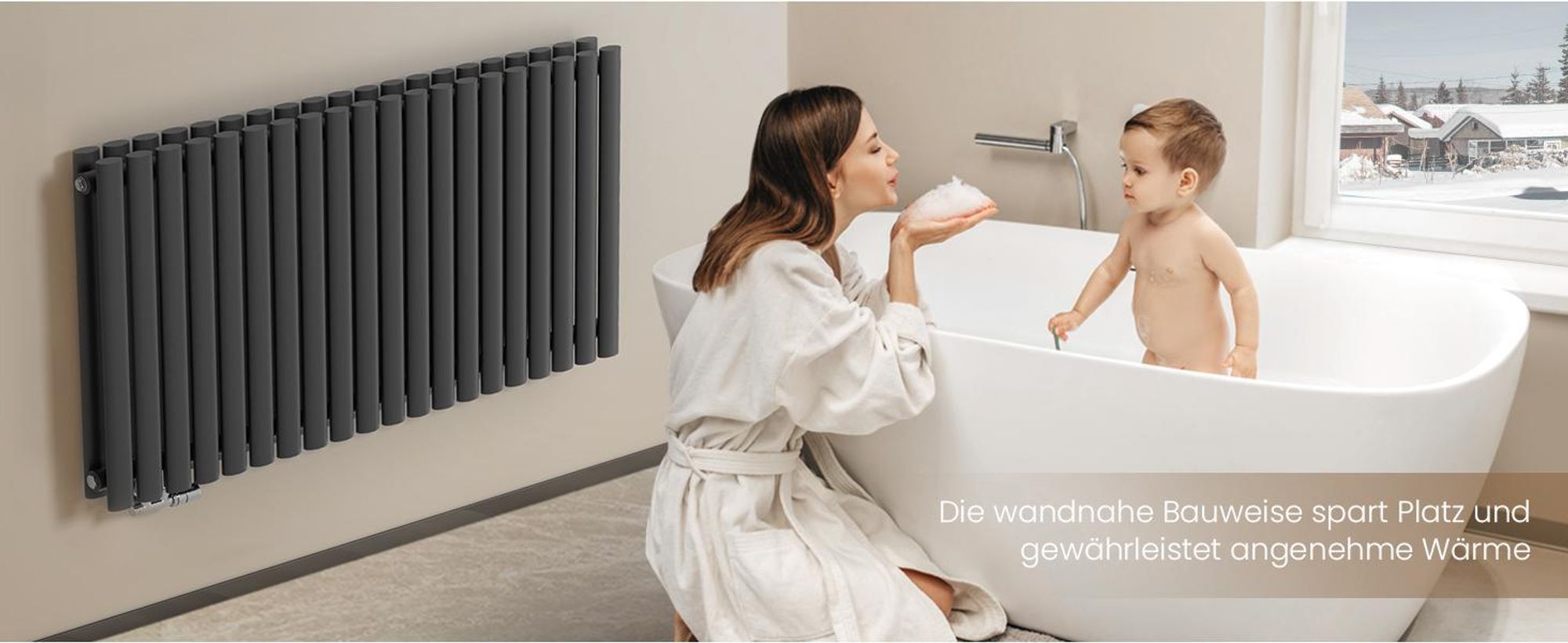 EMKE Design-Heizkörper 600 x 1180 mm Heizkörper Horizontaler Ovalheizkörper Seitenanschluss Doppellagig Heizung, 1828W, Anthrazit ohne Heizstab