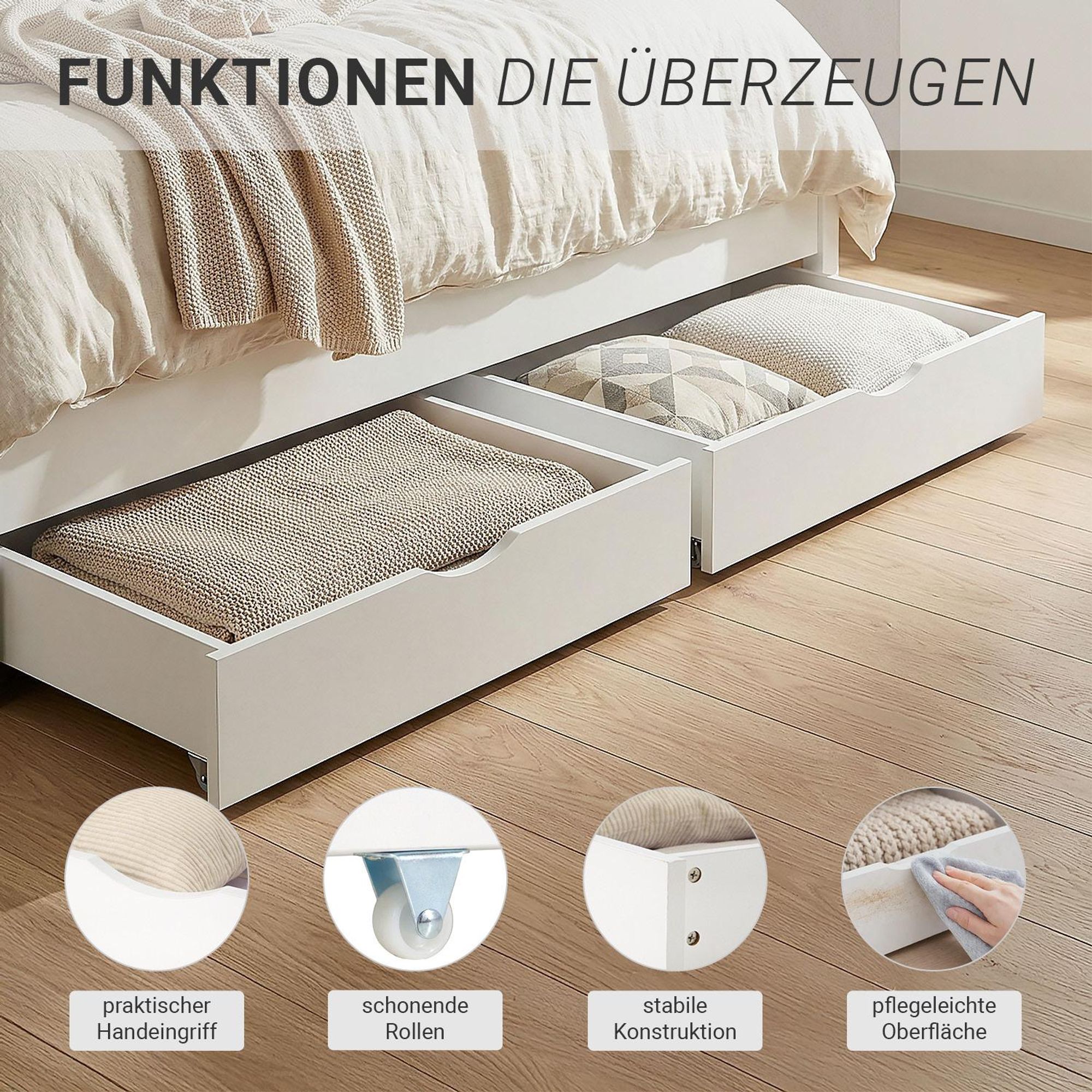 Das Bild zeigt einen praktischen Bettkasten für ein weißes Holzbett mit einer stabilen Konstruktion.