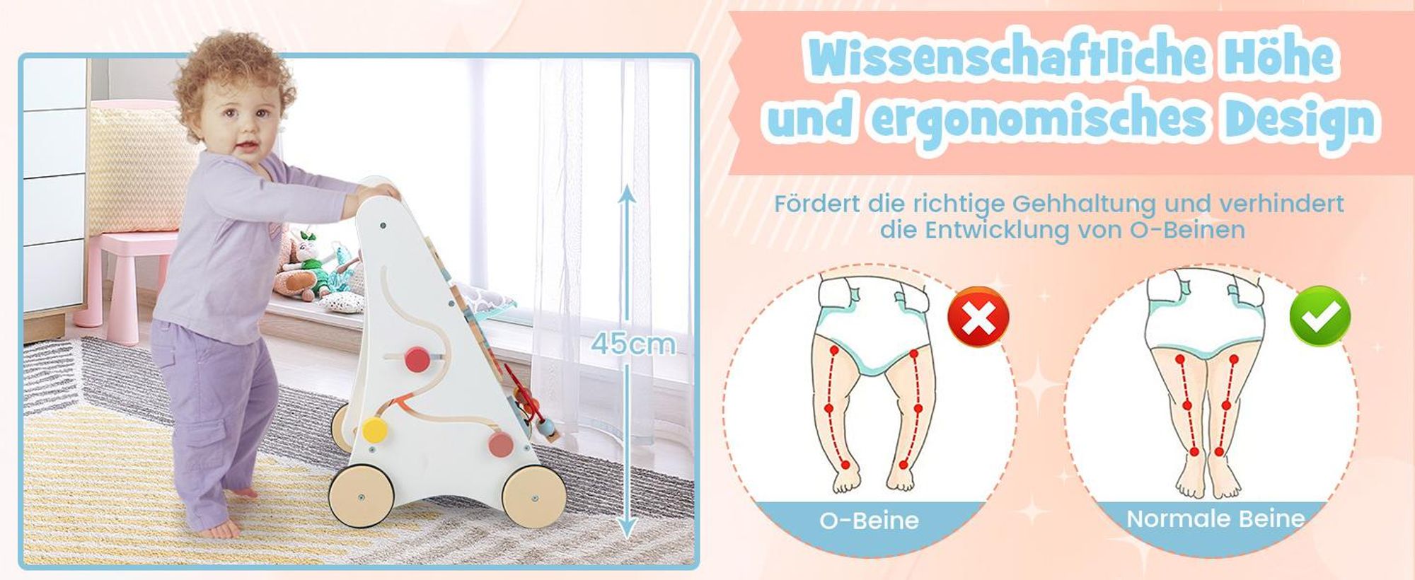Lauflernwagen Holz, 7-in-1 Lauflernhilfe ab 1 Jahr, mit Spiel- und Lernbereich