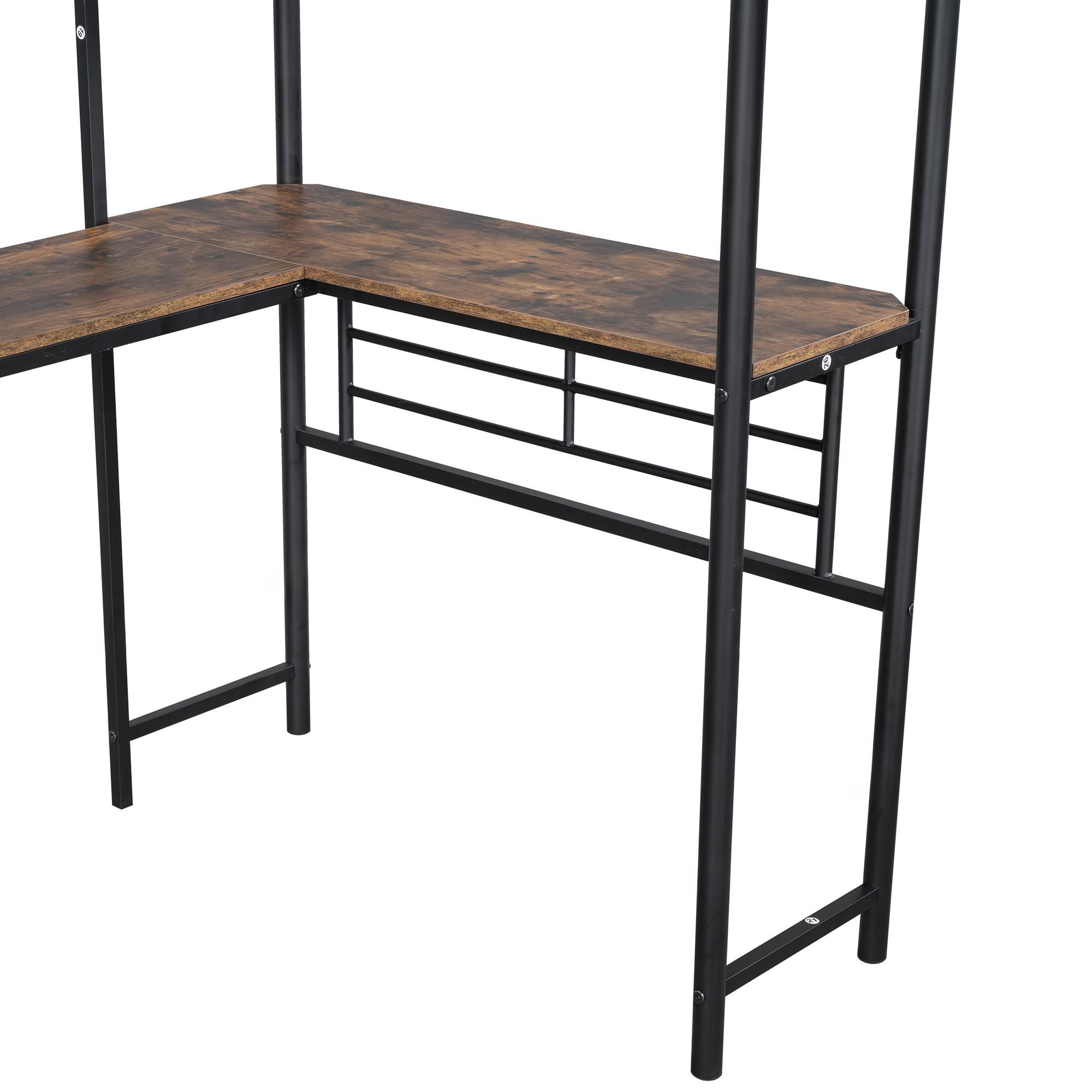 Merax Etagenbett Hochbett 90x200 cm, mit Tisch unter dem Bett, Doppeltreppe, hohes Geländer, 2 Etagenbetten, Metall Kinderbett, Jugendbett, Schwarz