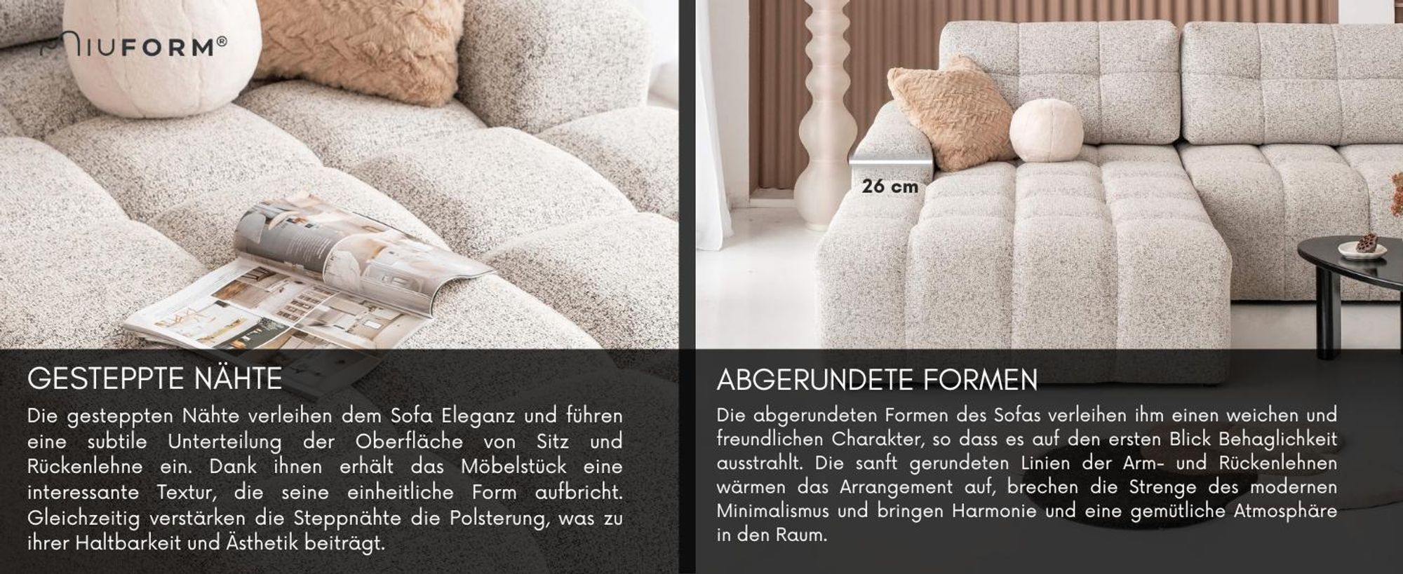 MIUFORM Lulu Ecksofa mit Bettfunktion und Bettkasten U-FORM RECHTS – 333 x 213 cm - Salz und Pfeffer- Sofa Schlafsofa Couch Modulsofa