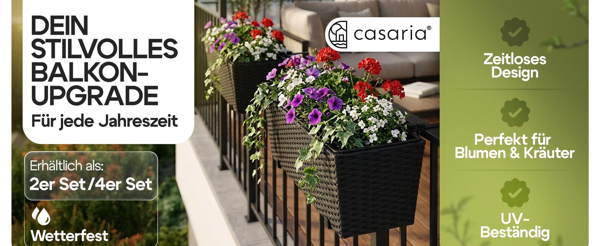 CASARIA® Blumenkasten 2er Set 11 Liter Montagehalterung indoor outdoor Geländerkasten Balkonkasten Pflanzkasten schwarz