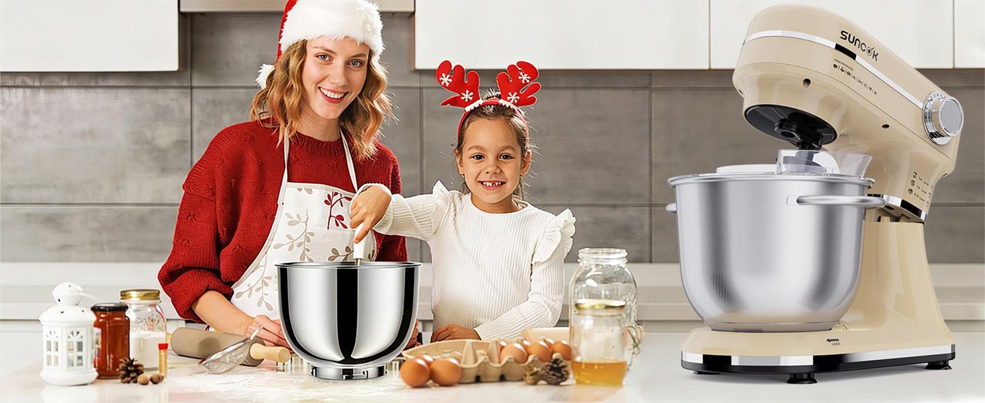 SUNCOK Multifunctionele keukenmachine, 1500W, 2 roestvrijstalen mengkommen (4,5L + 5,5L), 12 snelheden, met menggarde, deeghaak en garde, inclusief spatdeksel
