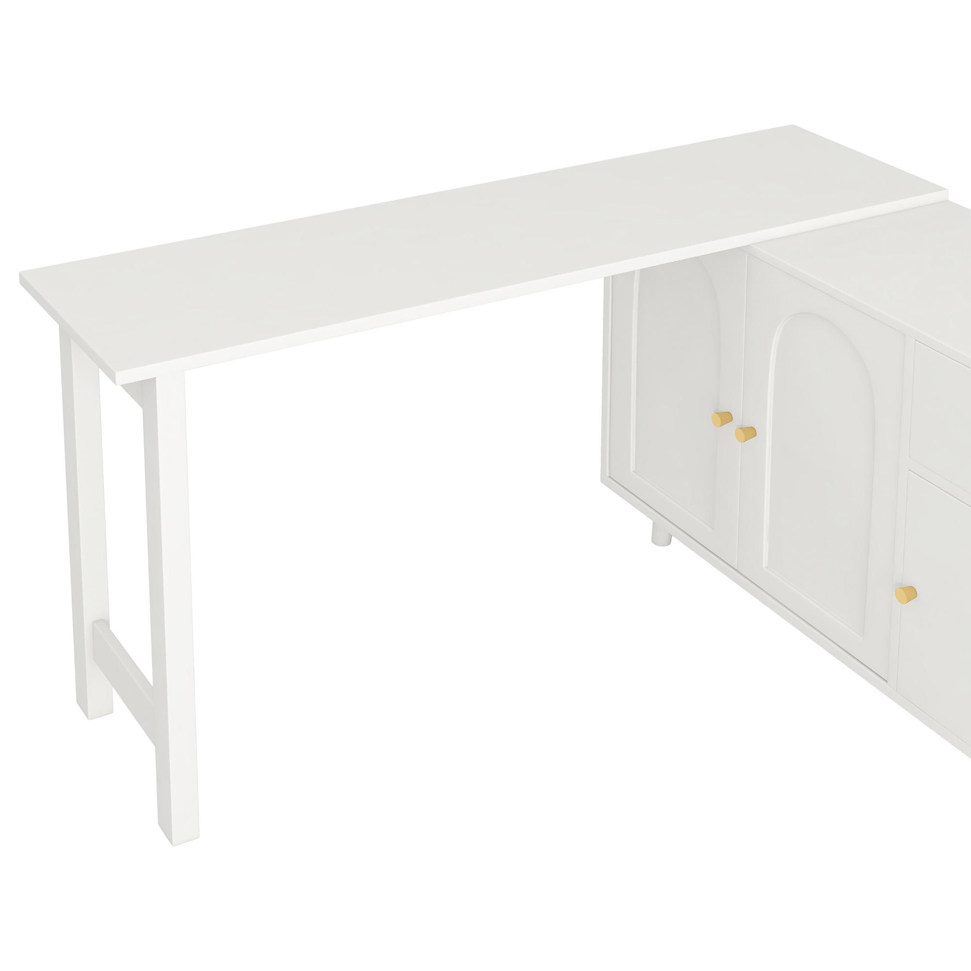 Merax Schreibtisch L-förmiger, Eckschreibtisch, 360° drehbar, Erweiterbarer Arbeitsplatte, mit 3 Türen, Schublade, Kommode, Bürotisch, Weiß