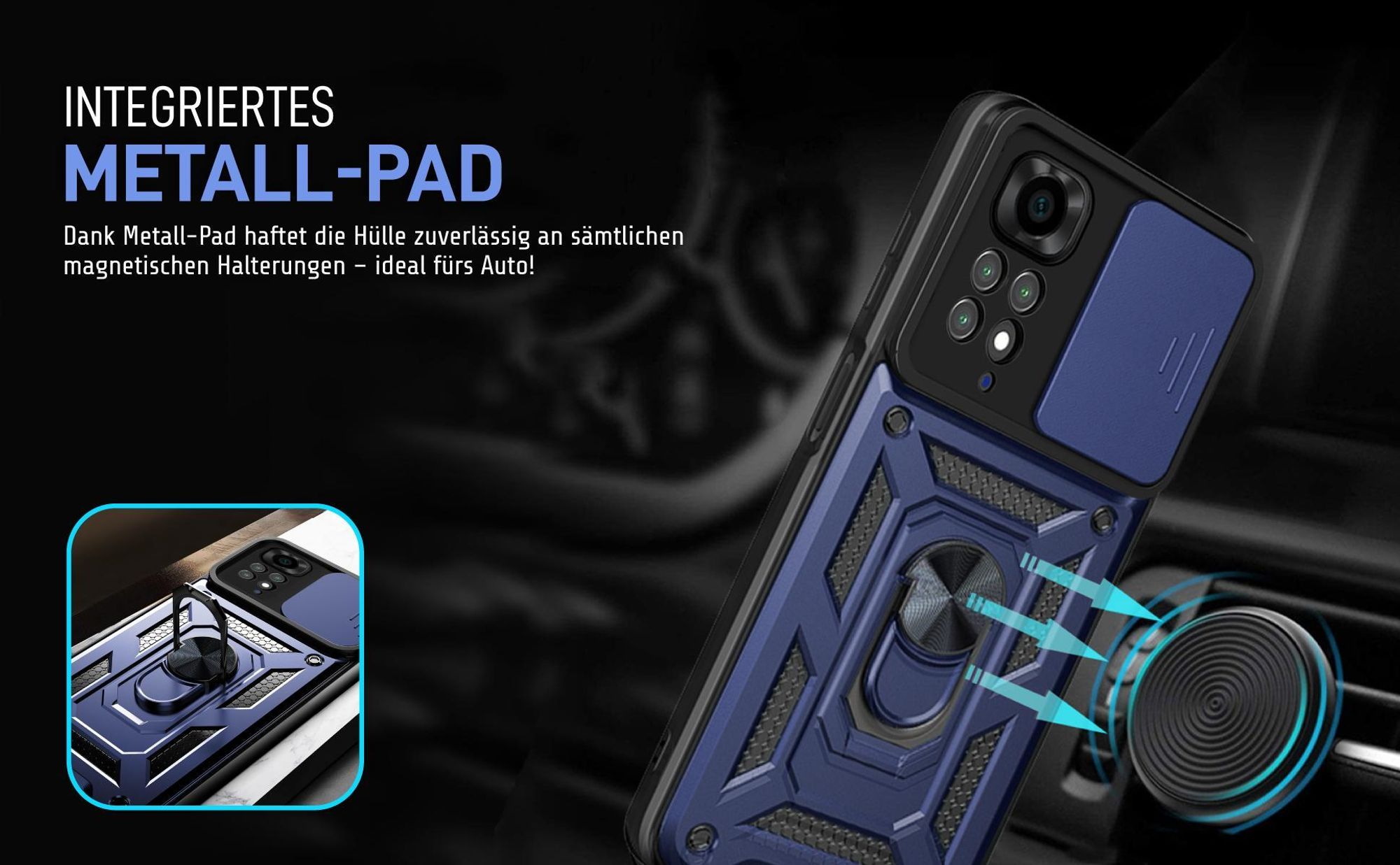 Bumper für Xiaomi Redmi Note 11 in Blau mit Metallplatte