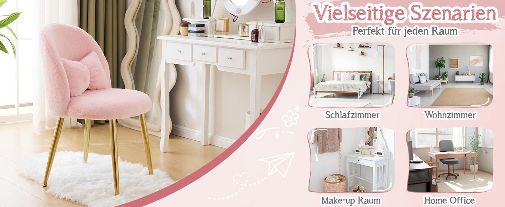 Alightup Esszimmerstuhl, Schminkstuhl, Schminktisch Stuhl, Homeoffice Stuhl,mit Verstellbaren Goldbeinen & Schleifenkissen,Plüsch, Rosa