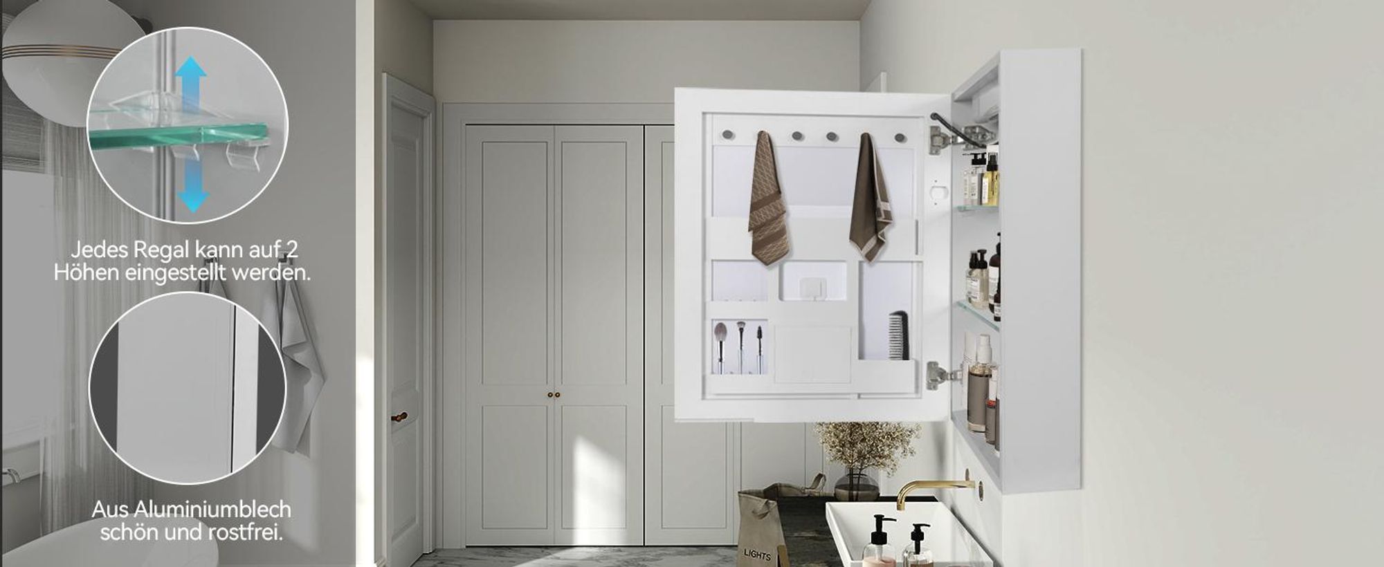 Puluomis Spiegelschrank Bad mit 3 färbiger dimmbarer Beleuchtung, Badezimmerschrank mit Steckdose, USB-Anschluss,Wandschrank Aluminium Badezimmer Weiß