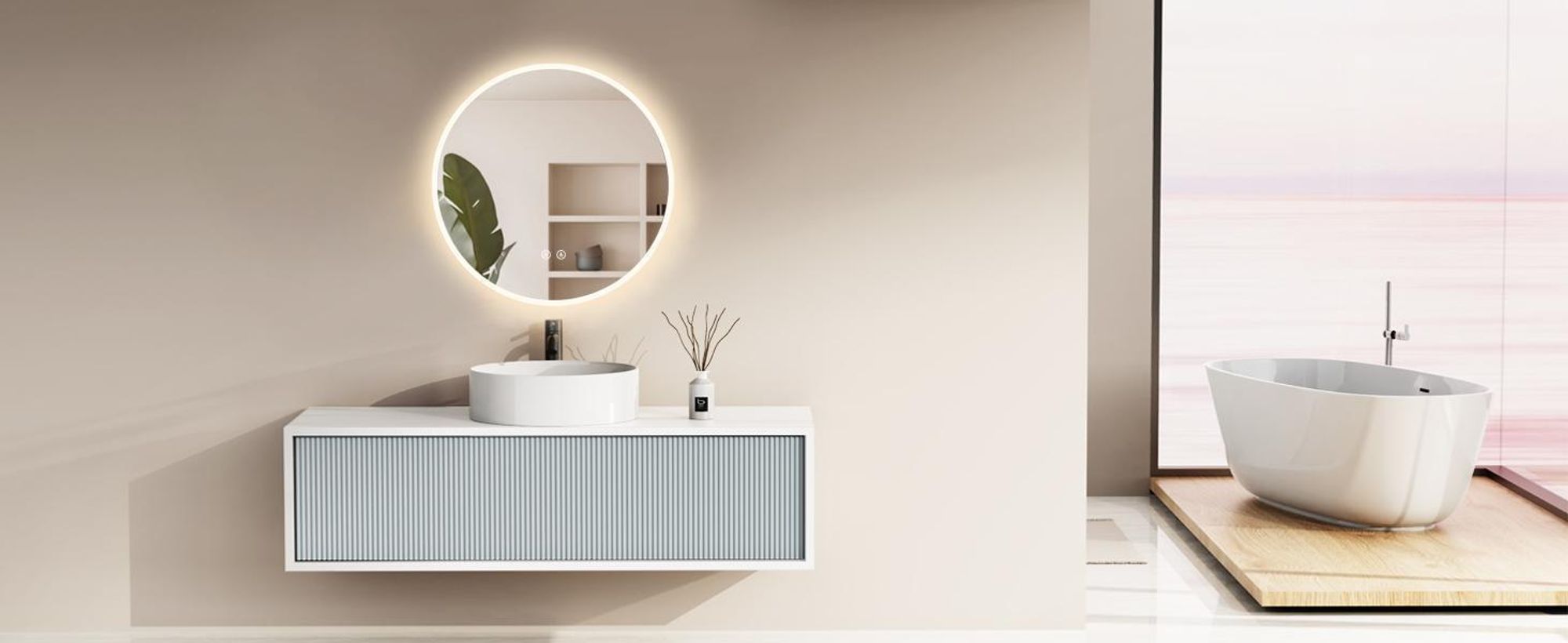 HOKO Miroir de salle de bain LED anti-buée rond 80cm+LED alternance blanc chaud/blanc froid/neutre 2700-6500K. Lumière allumable par interrupteur tactile/interrupteur mural. Fribourg