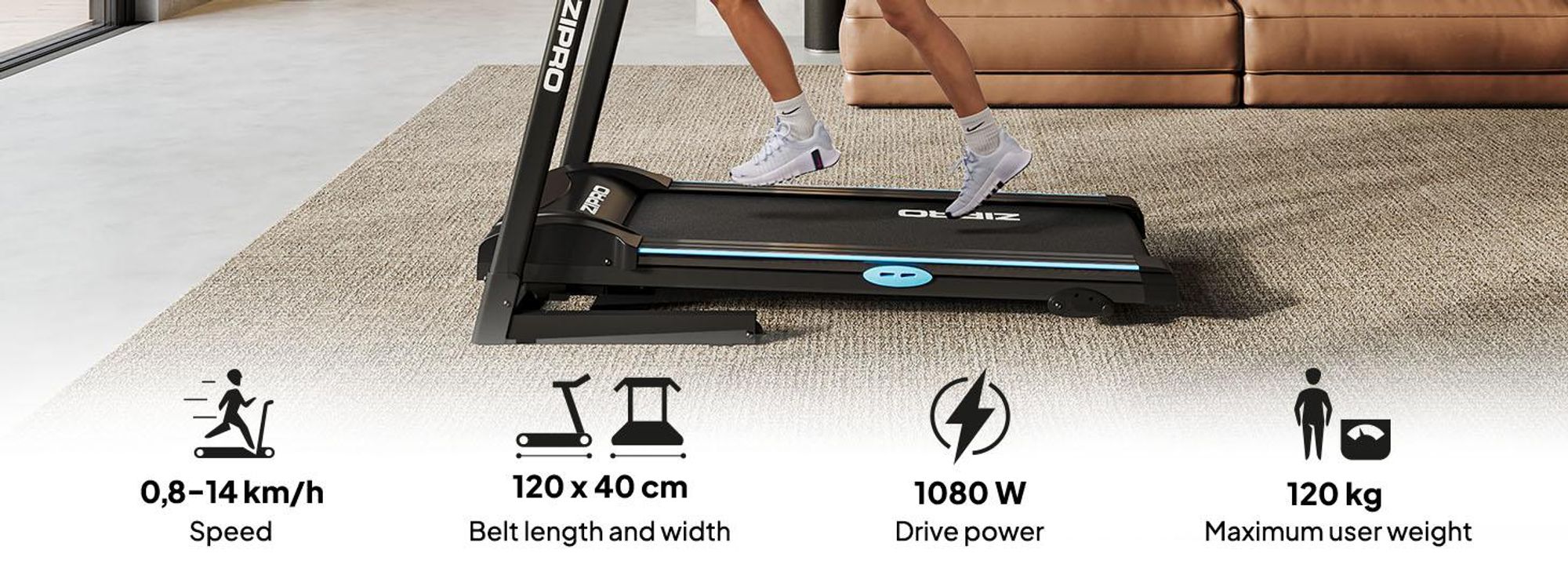 Zipro Tekno skladací bežecký pás, 1080 W tichý elektrický motor, široká bežecká plocha 40 cm bežecký pás pre domácnosť Skladací so sklonom SportRun Running Sport