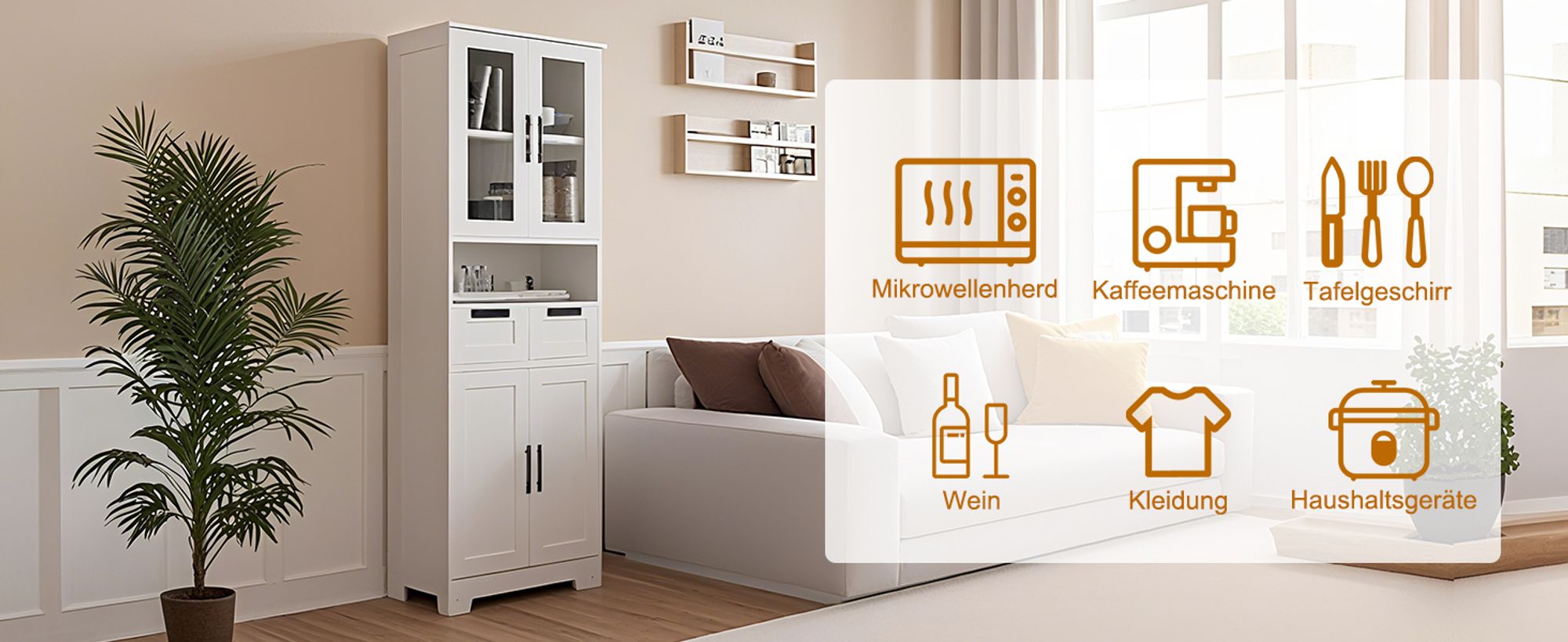 FCH Küchenunterschränke,Vorratsschrank, mit 4 Türen und 2 Schubladen,60 x 30 x 170cm,Weiß