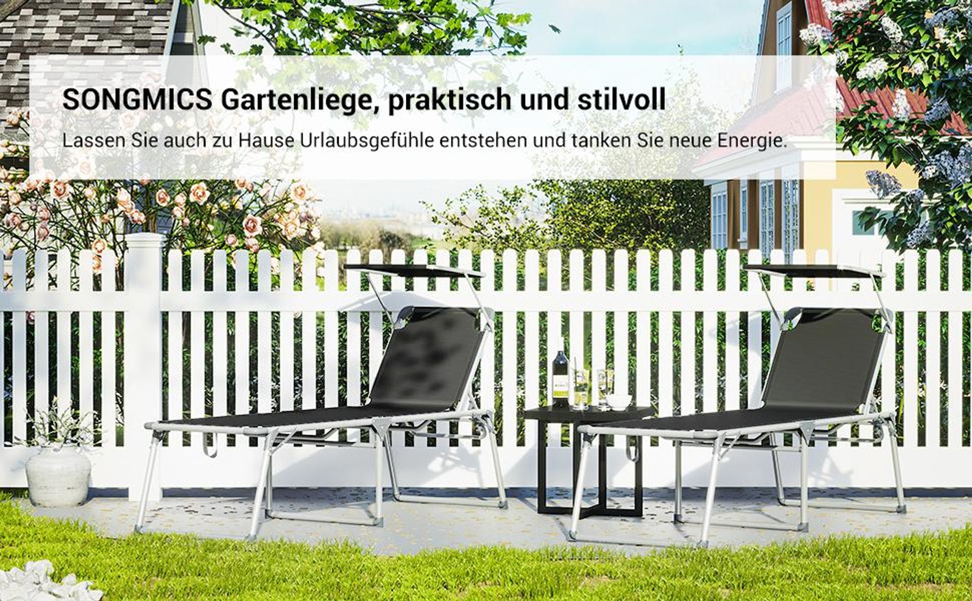 SONGMICS Gartenliege, Liegestuhl,Aluminium,groß,65x200x48cm,verstellbar schwarz