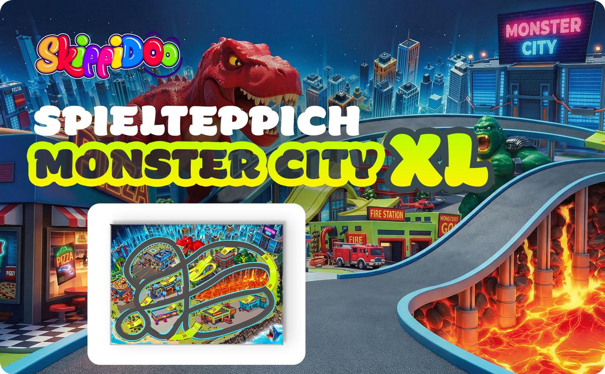 SkippiDoo Straßenteppich – Monster City XL – Spielteppich 200 x 140 cm, Autoteppich mit Breiten Straßen & großen Parkplätzen, Rutschfest