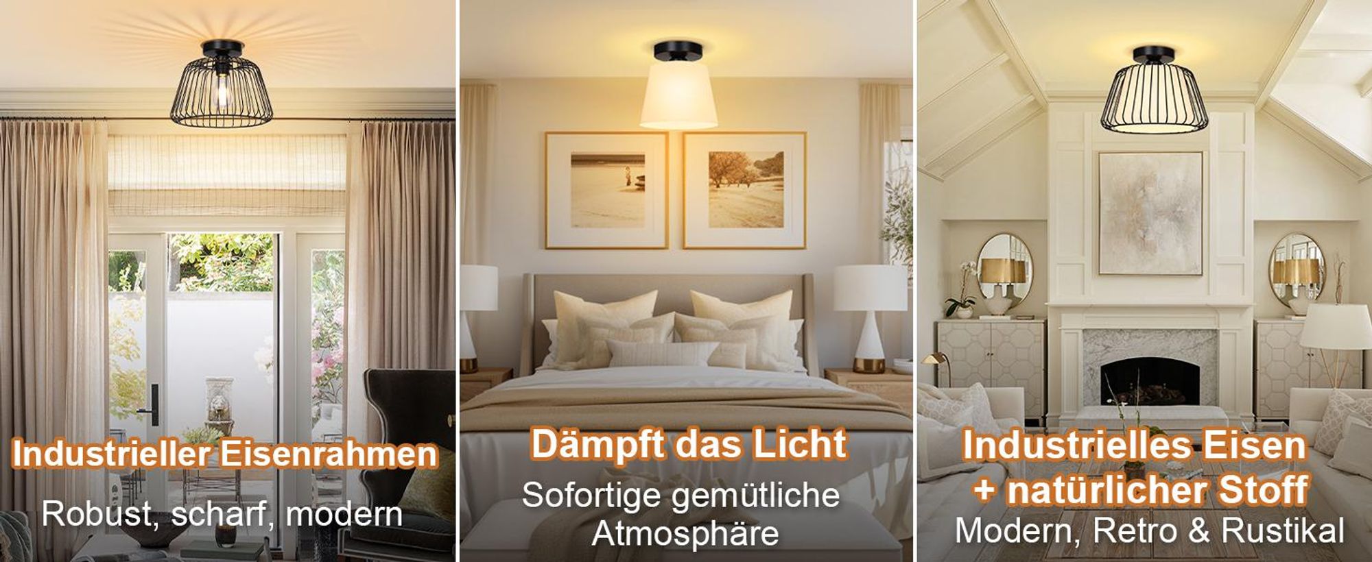 Deckenleuchte Modern Schwarz Metall Deckenlampe E27 Fassung Weiß Stoffschirm mit LED Glühbirne für Wohnzimmer Schlafzimmer Esszimmer Flur