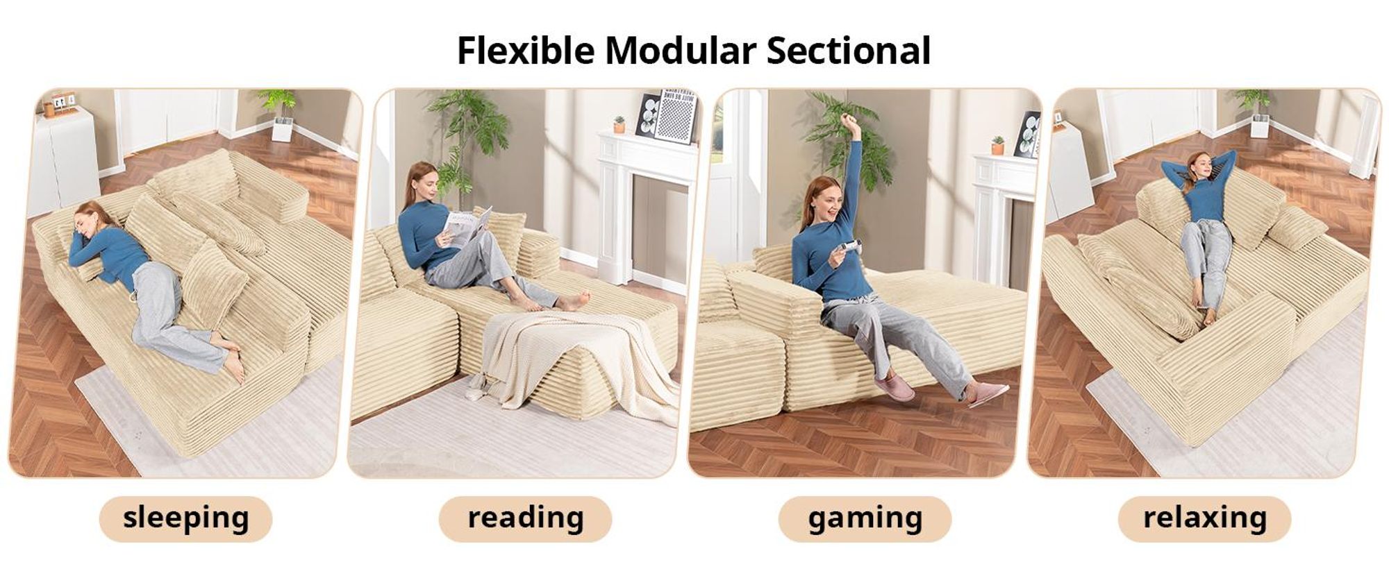 COMHOMASofa Big-Sofa, L-förmige Sofa, Couch Ecksofa, Chaiselongue Schlafsofa mit tiefer Sitzfläche und breiten Armlehnen, Cordstoff, Beige-L